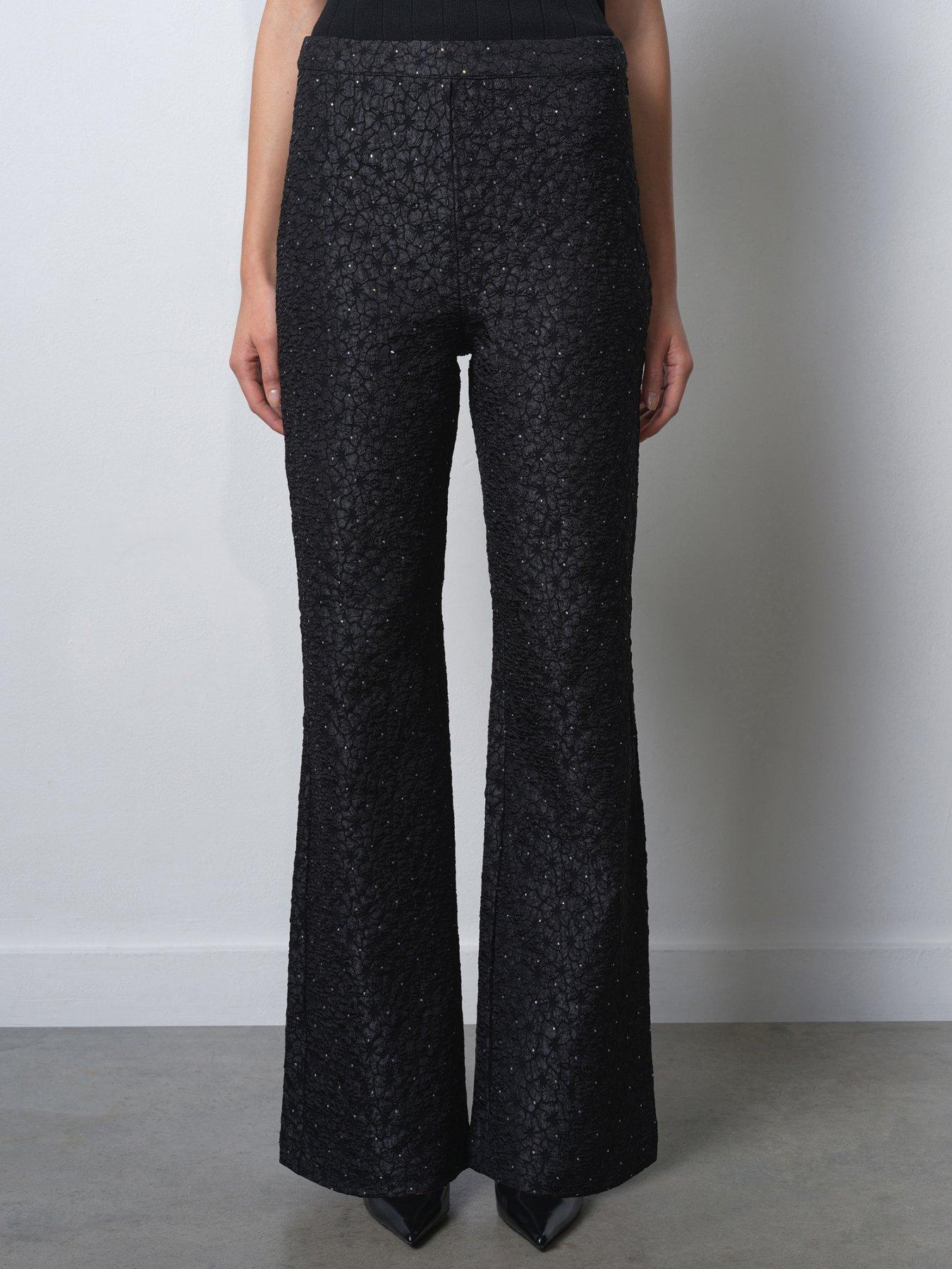 French Connection Floral Diamante Sparkle Jacquard Flared Trousers - Black