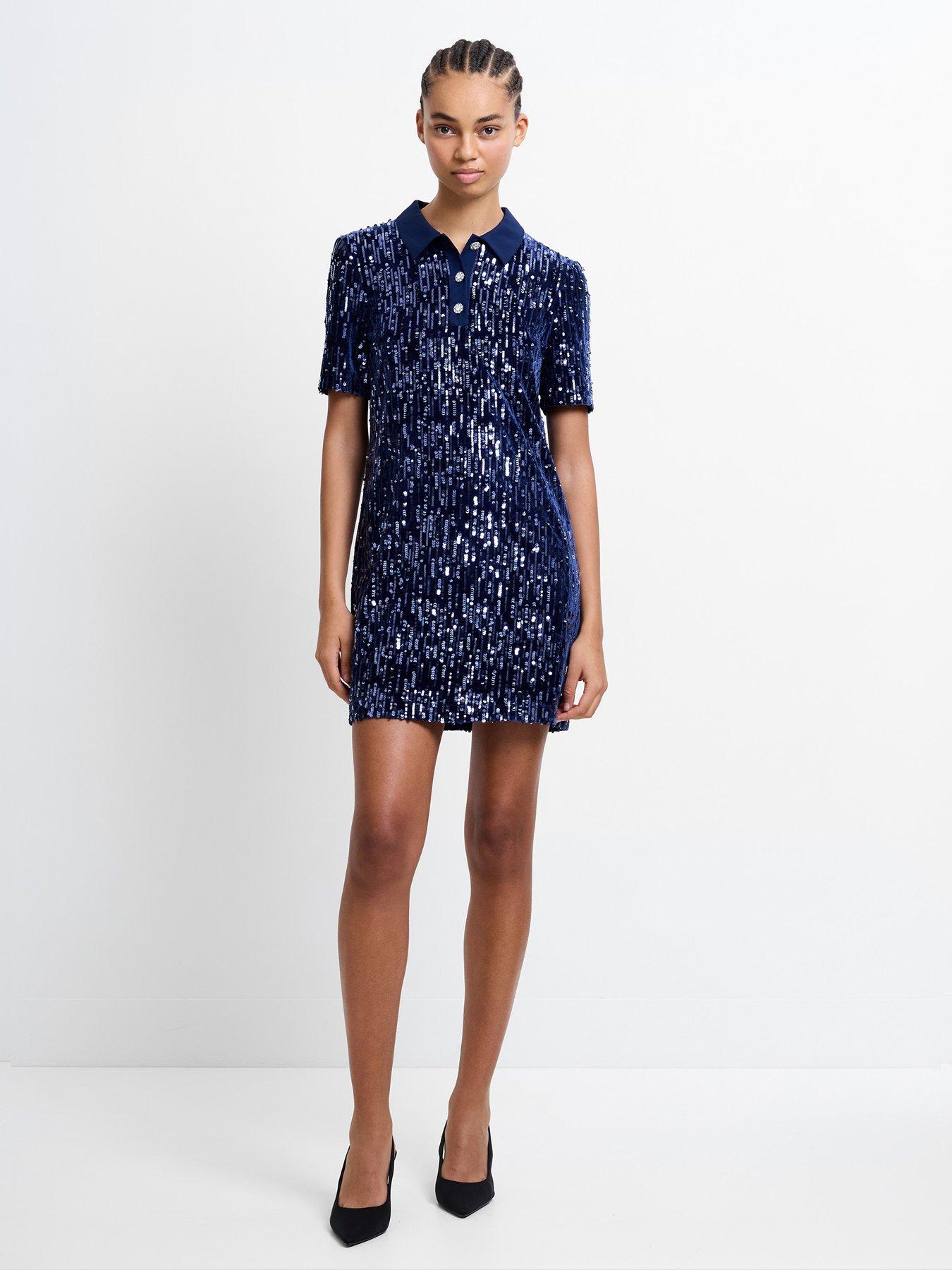 French Connection Velvet And Sequin Collared Button Short Sleeve Dress - Blue