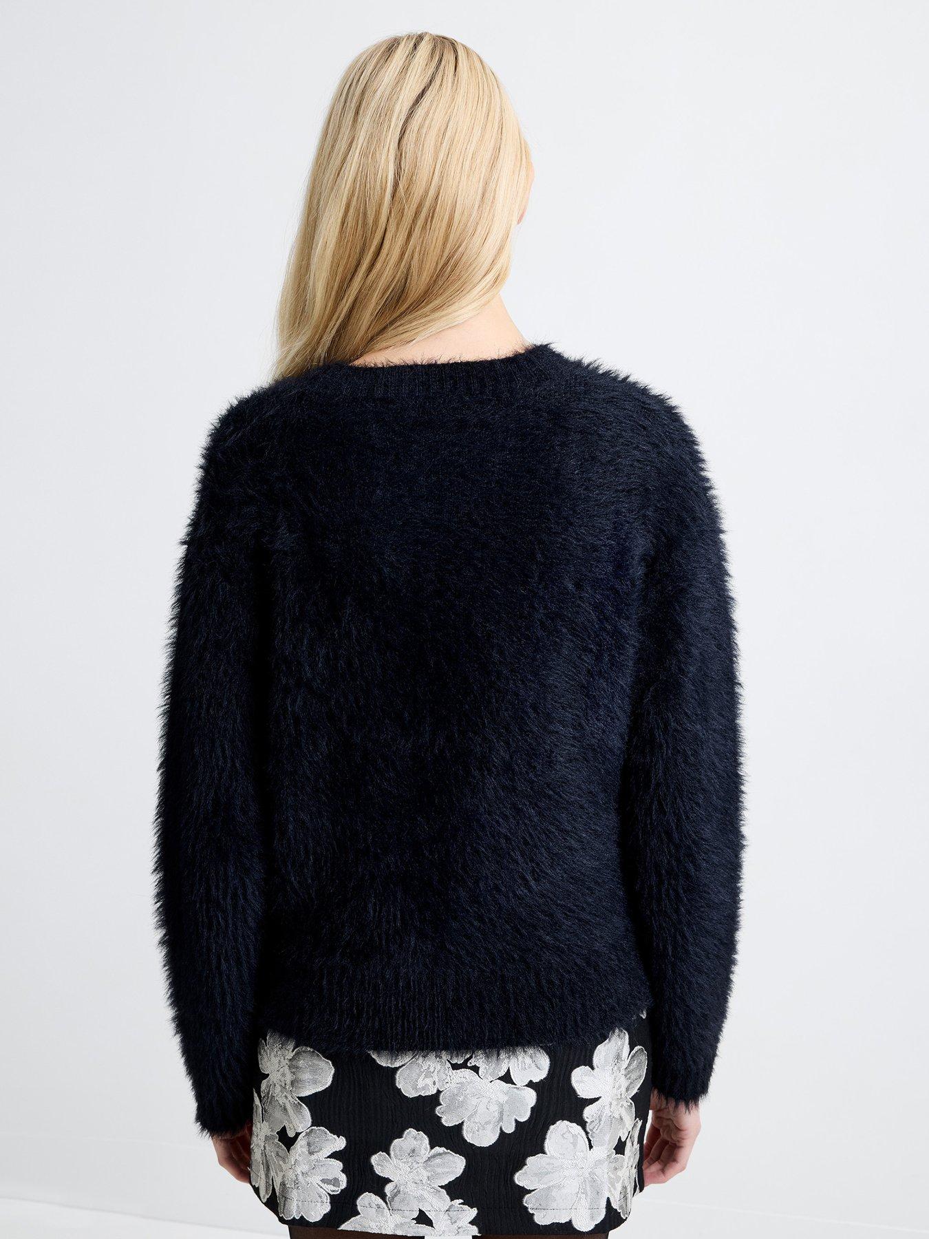  image of french-connection-faux-fur-crew-neck-long-sleeve-jumper-black