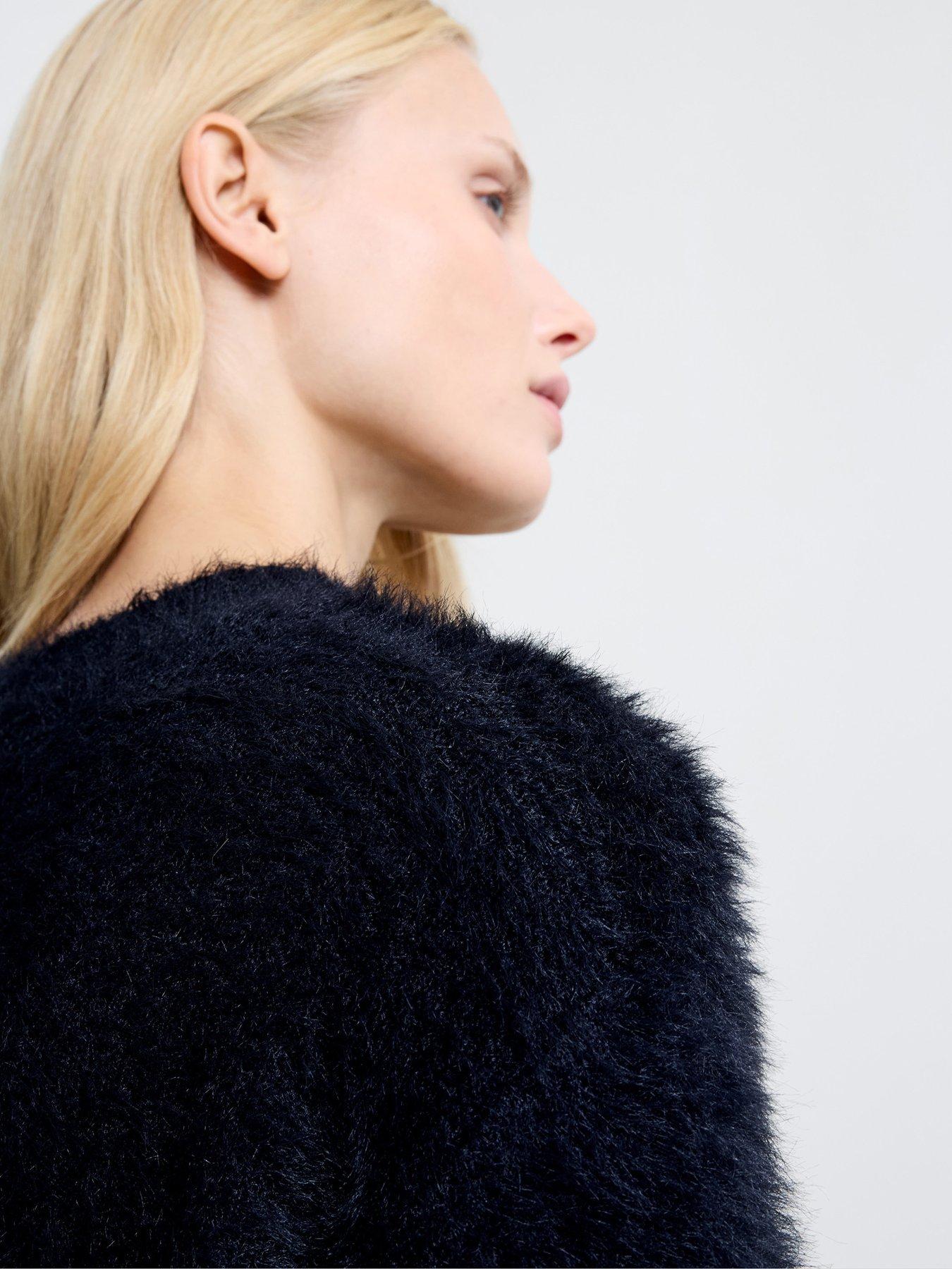  image of french-connection-faux-fur-crew-neck-long-sleeve-jumper-black