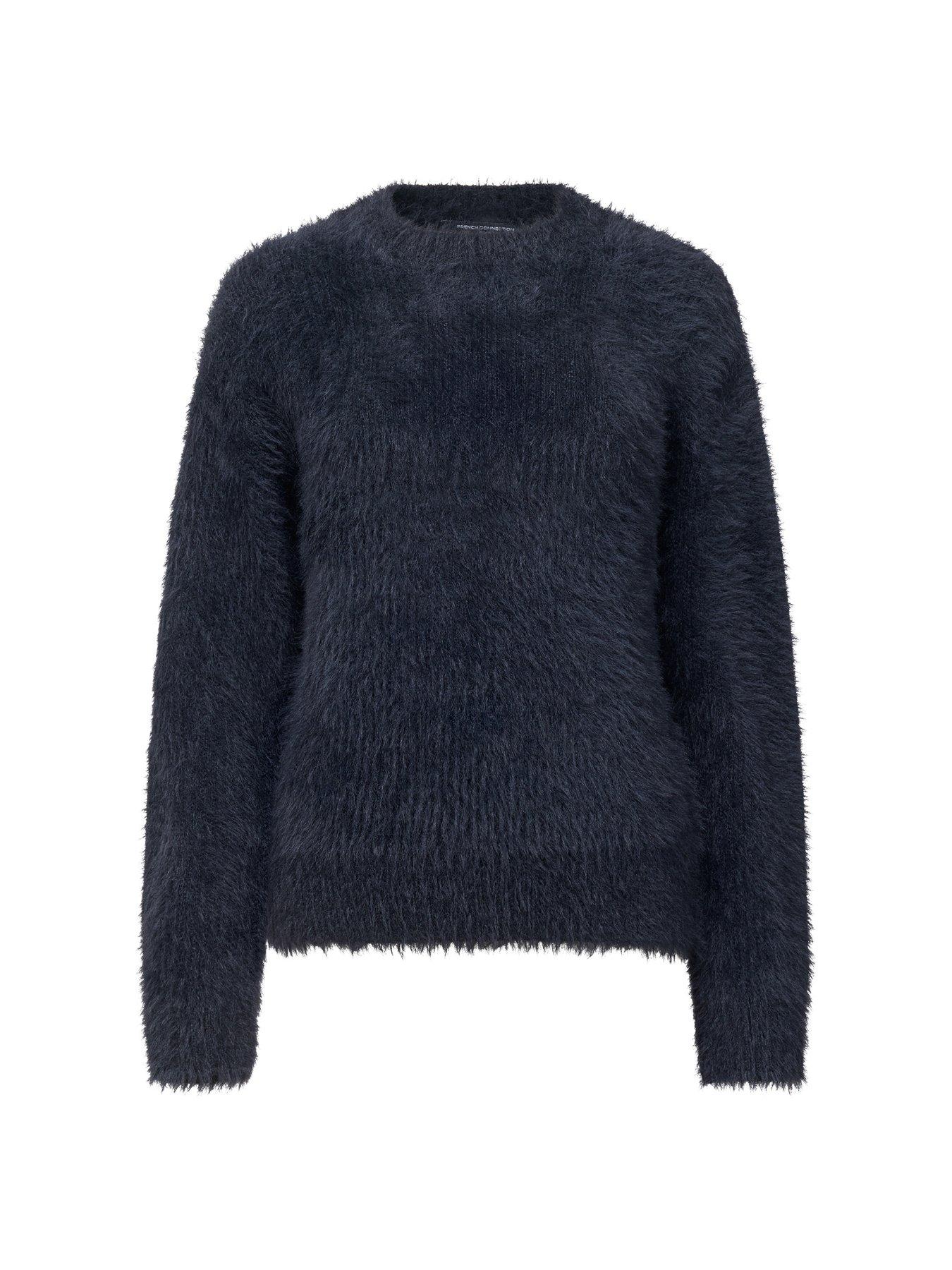  image of french-connection-faux-fur-crew-neck-long-sleeve-jumper-black