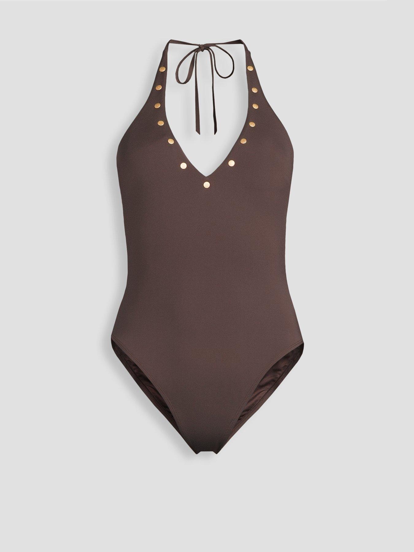 Image 7 of 7 of The Very Collection Studded Halter Neck Swimsuit - Brown