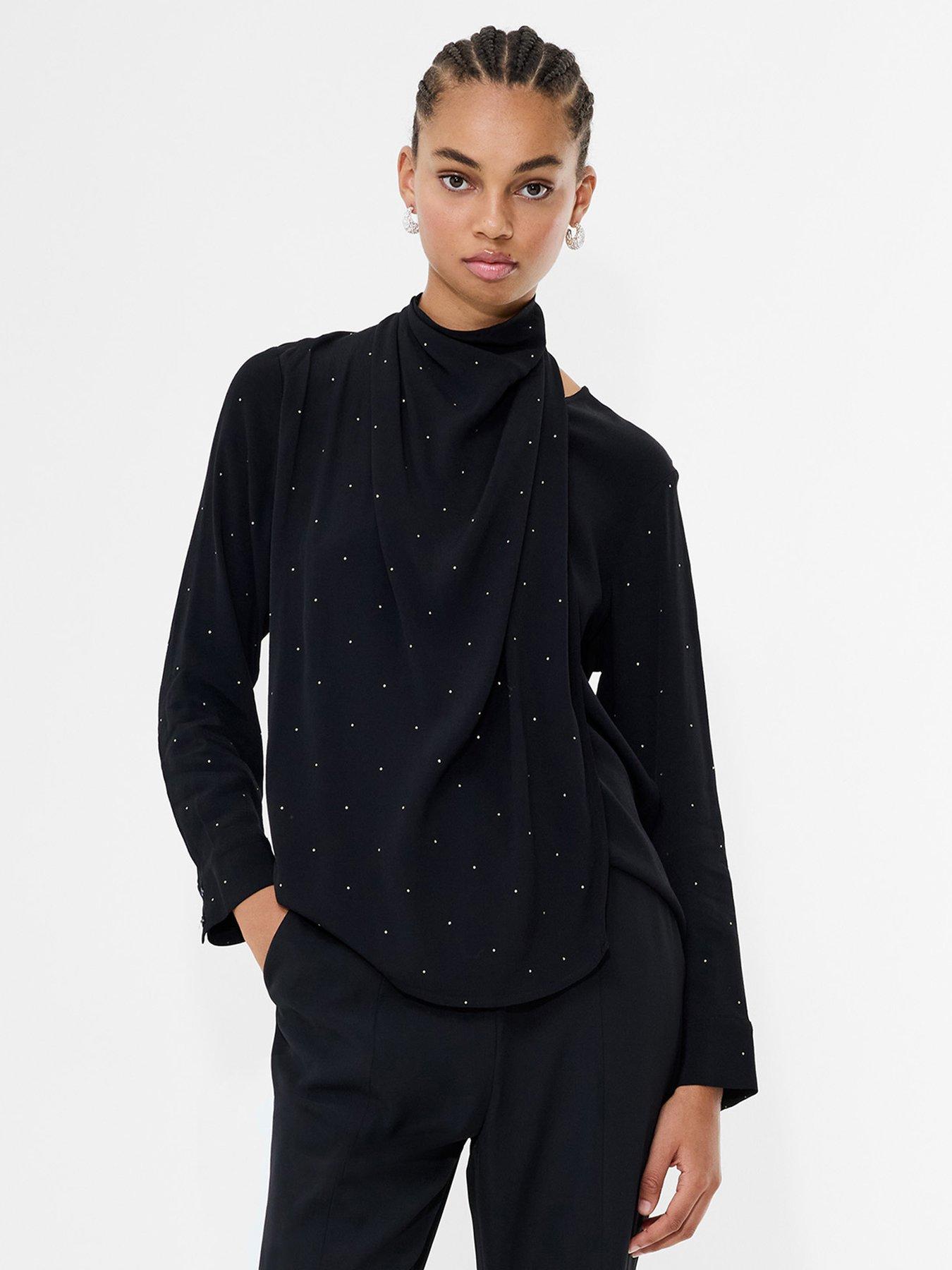 French Connection Draped Diamante High Neck Long Sleeve Blouse - Black