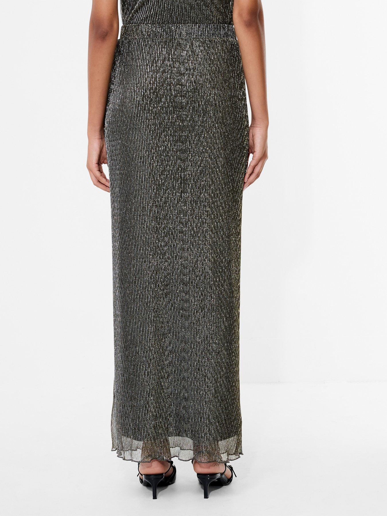 Image 2 of 4 of French Connection Lurex Plisse Elasticated Waist Scalloped Hem Midi Skirt - Black