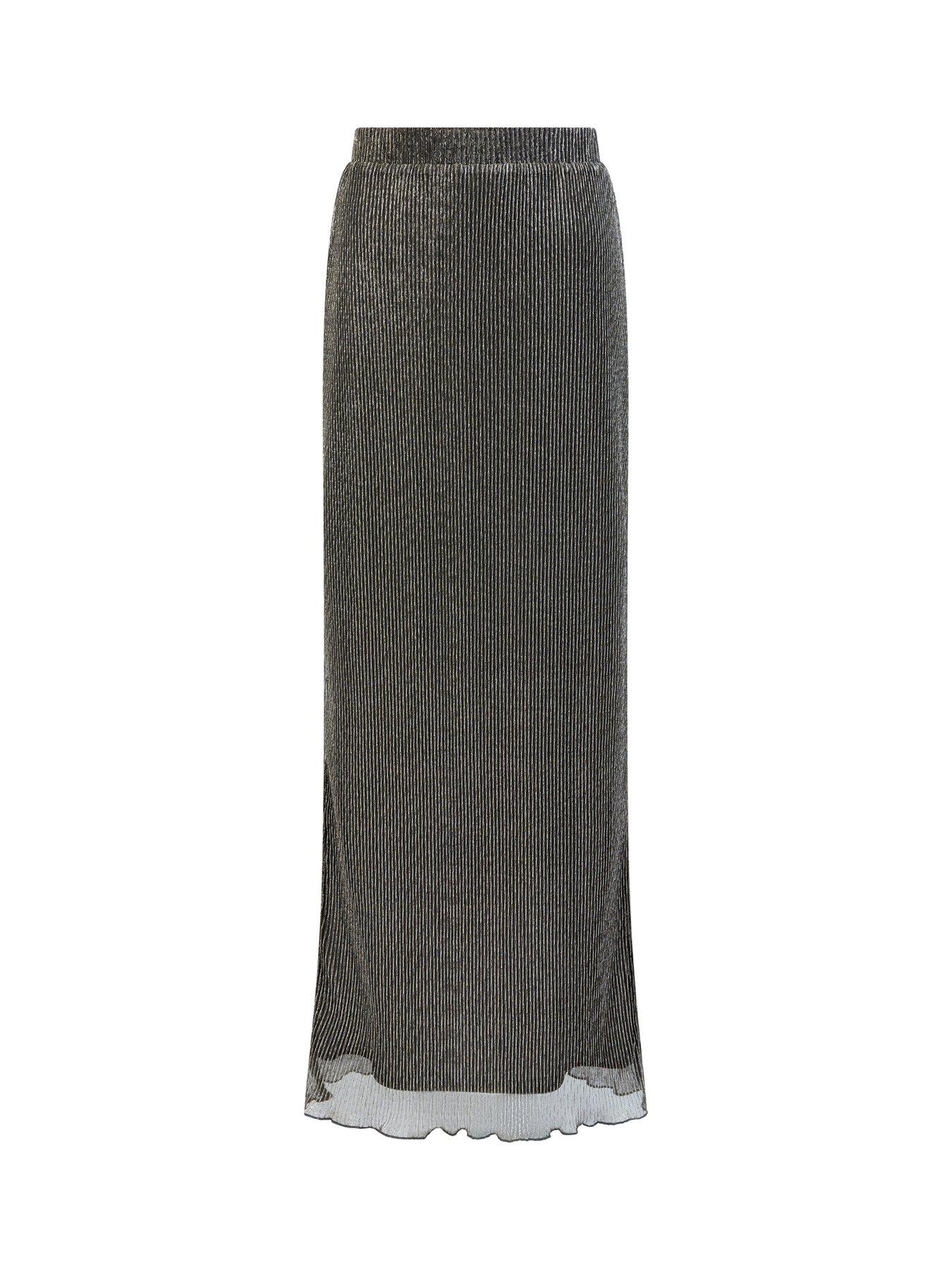 Image 4 of 4 of French Connection Lurex Plisse Elasticated Waist Scalloped Hem Midi Skirt - Black