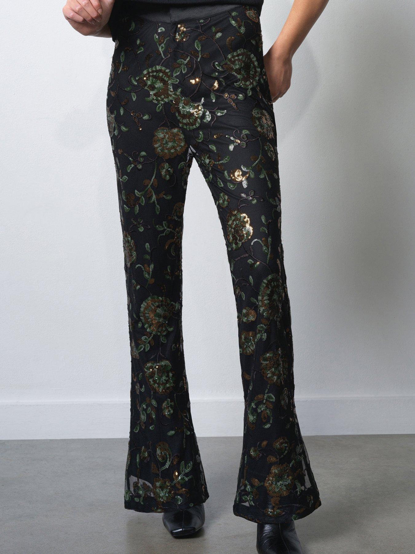 French Connection Sequin Floral Design Satin Waist Flared Trousers - Multi