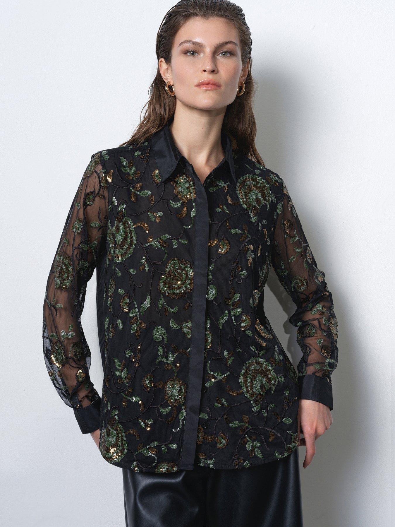 French Connection Sequin Floral Long Sheer Sleeve Button-up Blouse