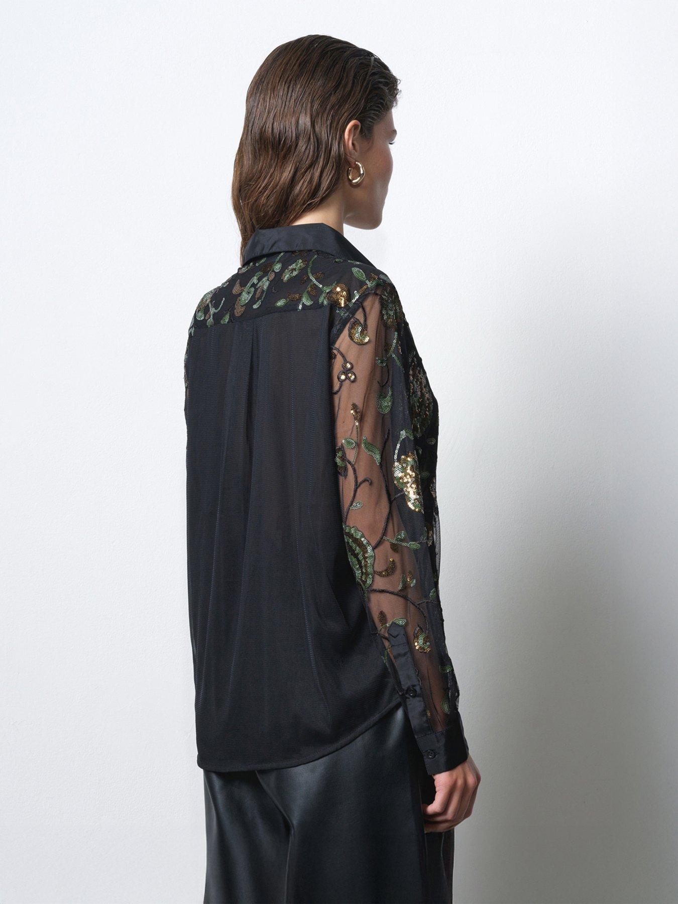 stillFront image of french-connection-sequin-floral-long-sheer-sleeve-button-up-blouse