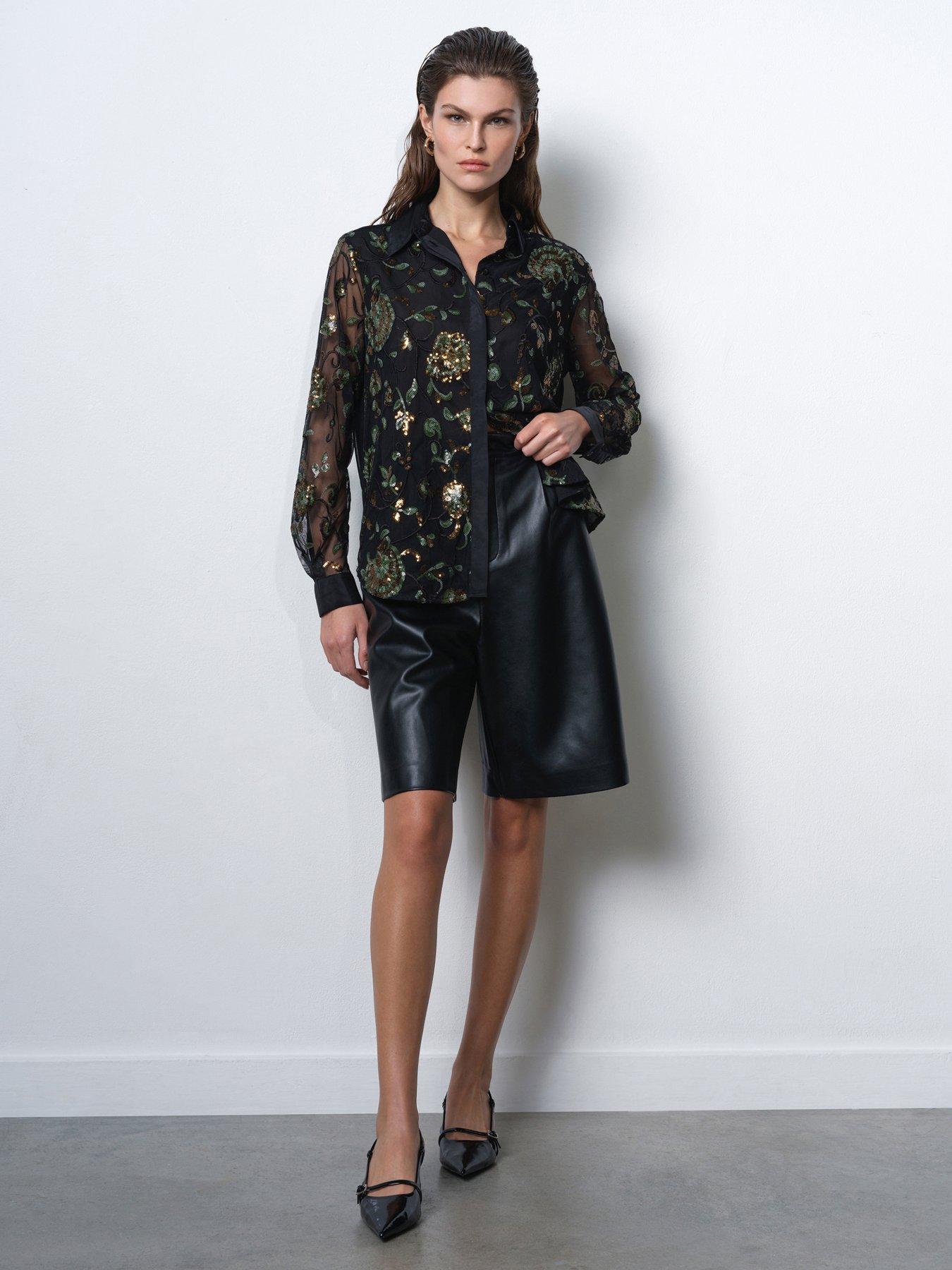  image of french-connection-sequin-floral-long-sheer-sleeve-button-up-blouse