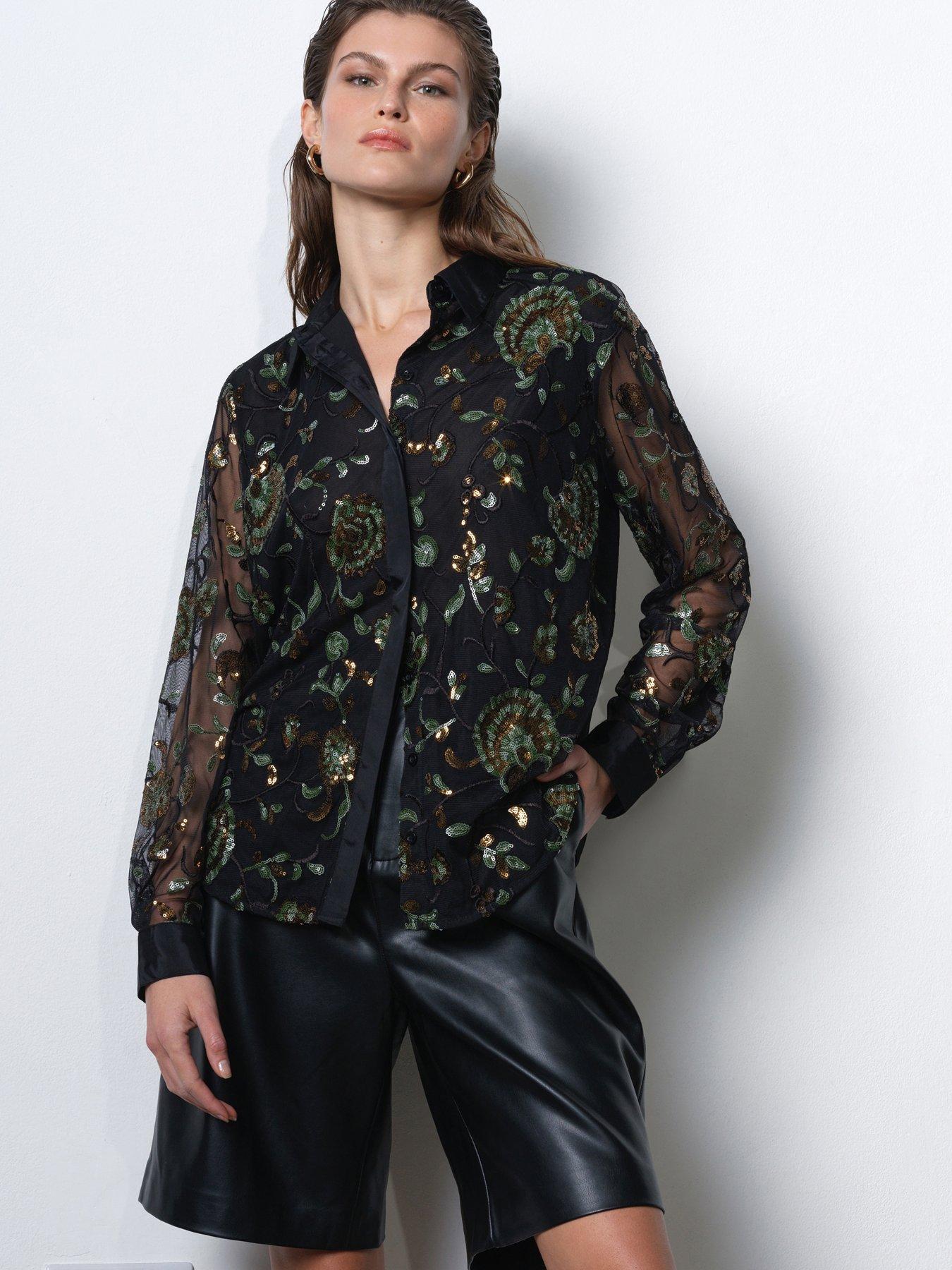  image of french-connection-sequin-floral-long-sheer-sleeve-button-up-blouse