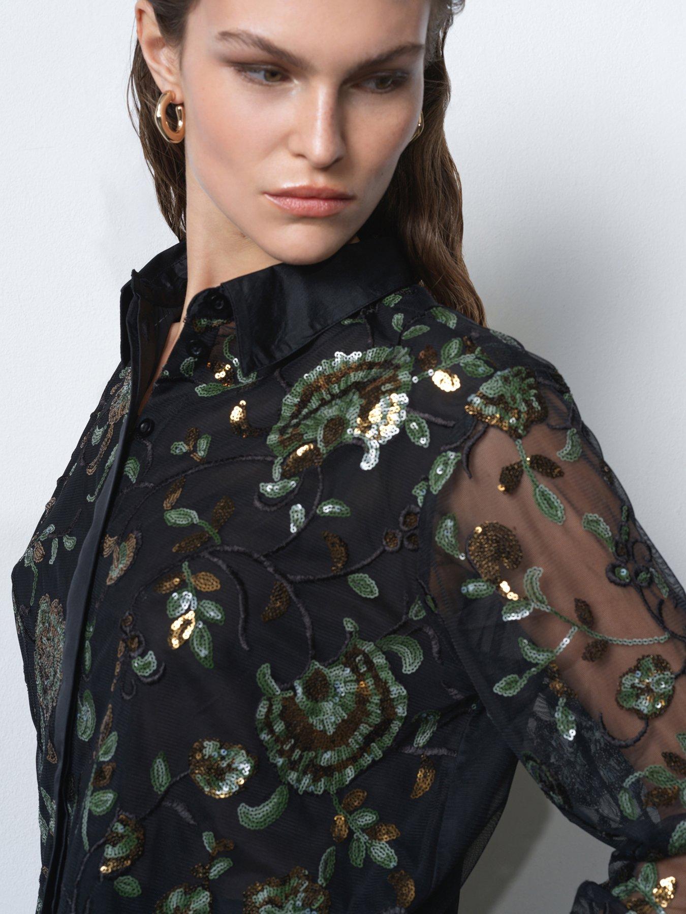  image of french-connection-sequin-floral-long-sheer-sleeve-button-up-blouse
