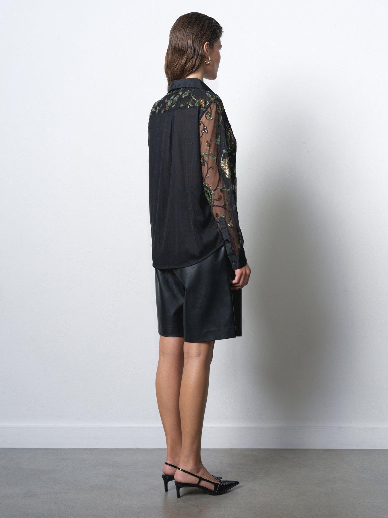  image of french-connection-sequin-floral-long-sheer-sleeve-button-up-blouse