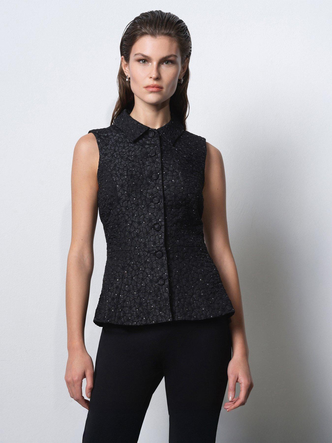 French Connection Floral Diamante Sparkle Jacquard Peplum Waistcoat Top - Black