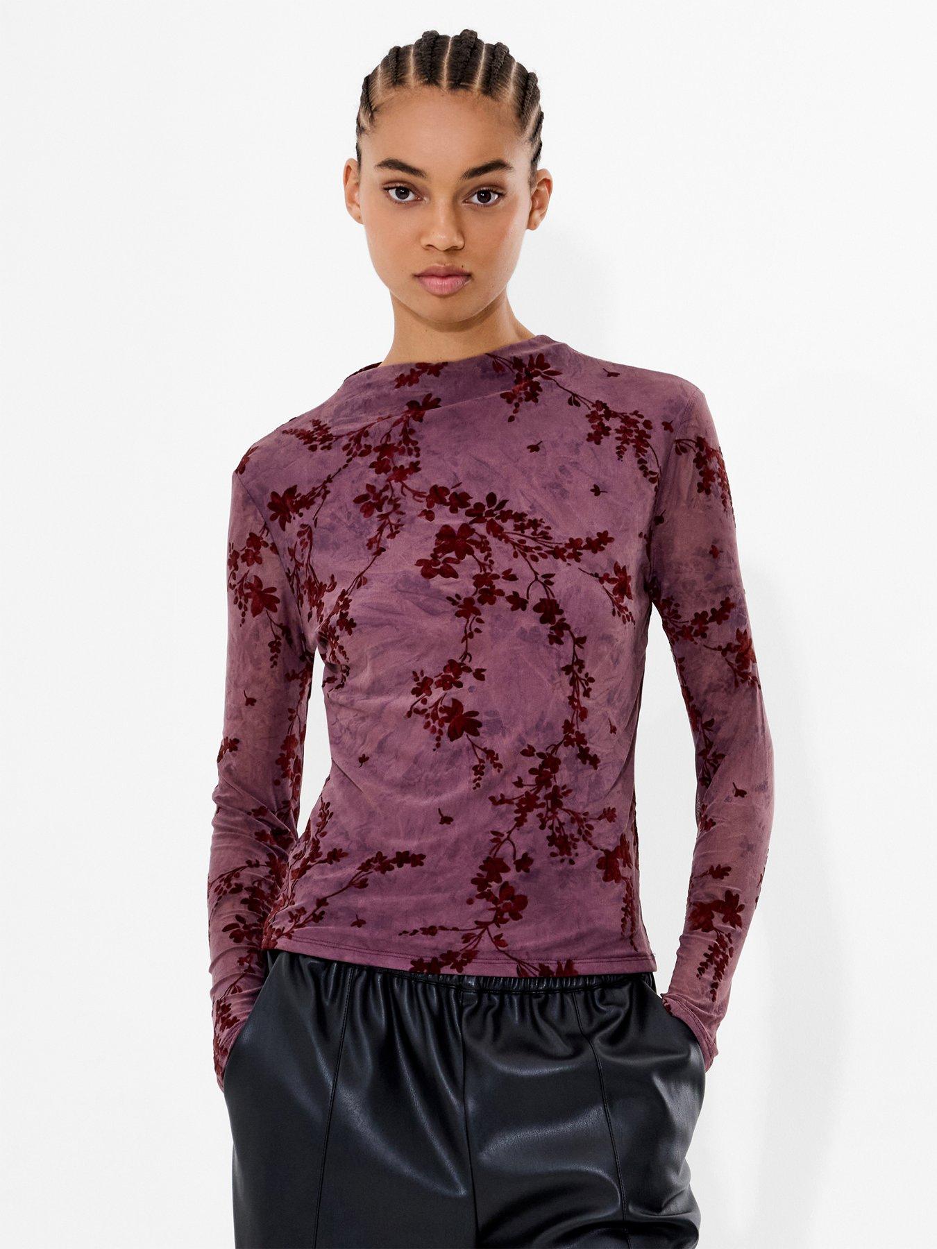 french-connection-high-neck-long-sleeve-floral-mesh-top-multi