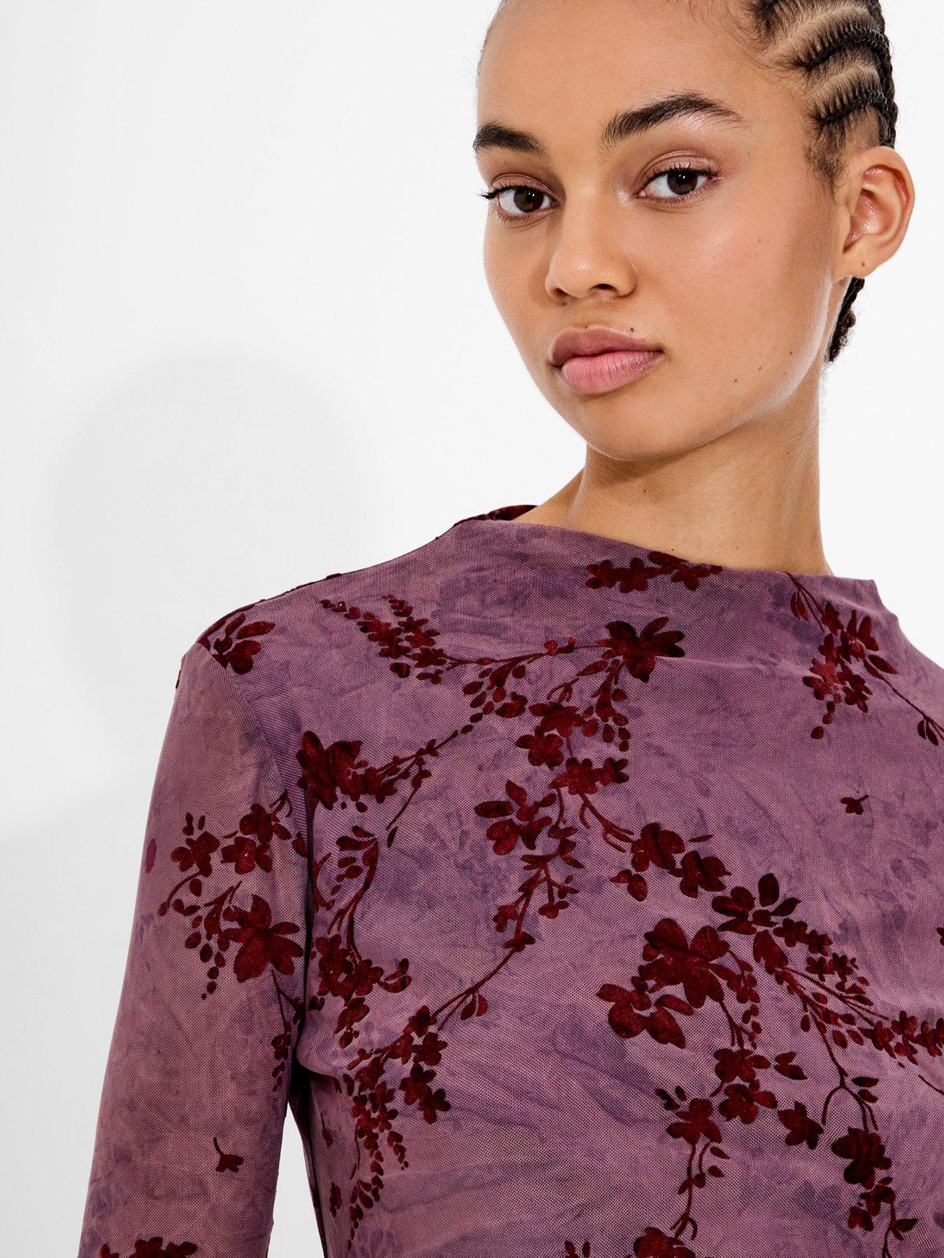 Image 4 of 6 of French Connection High Neck Long Sleeve Floral Mesh Top