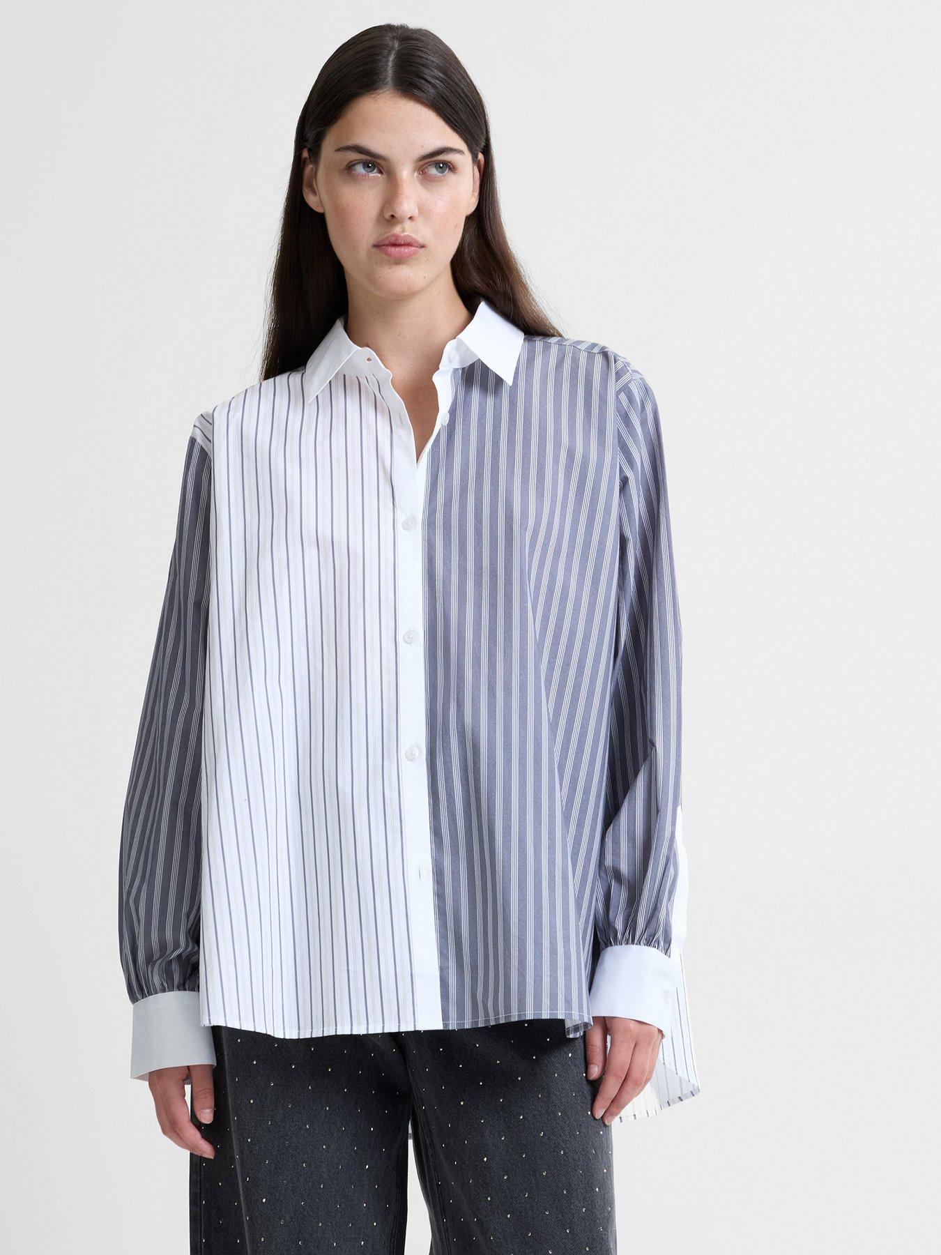 French Connection Cotton Striped Long Sleeve Button-Up Shirt - Grey