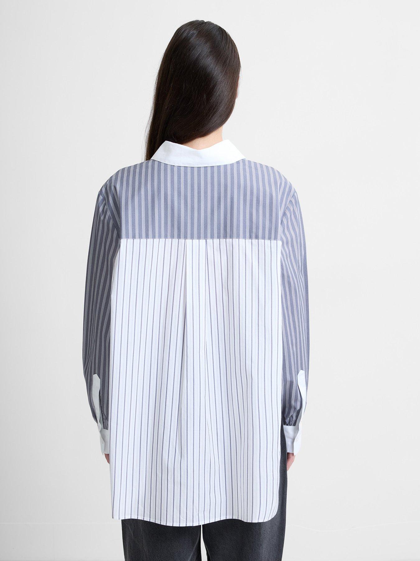  image of french-connection-cotton-striped-long-sleeve-button-up-shirt-grey