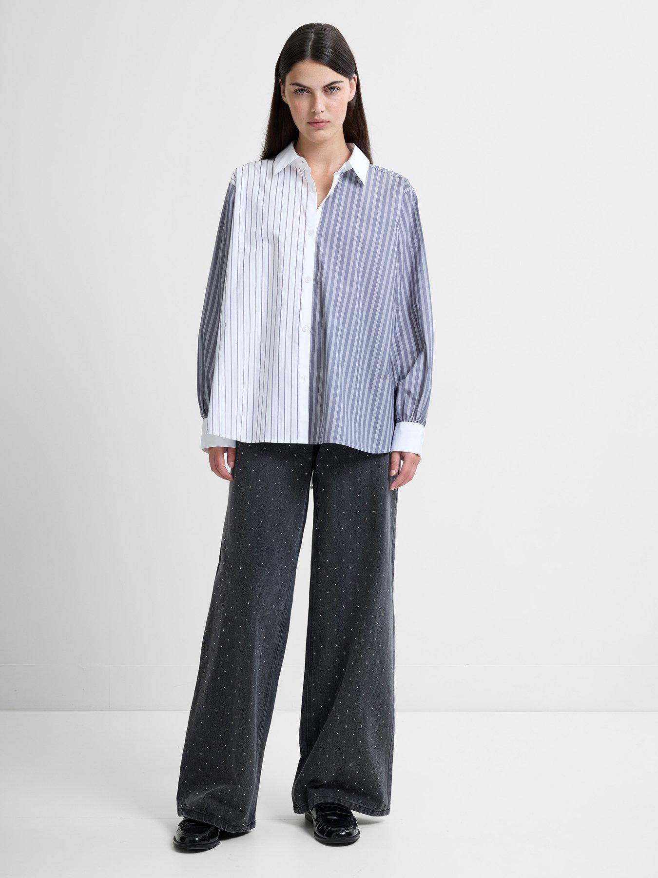  image of french-connection-cotton-striped-long-sleeve-button-up-shirt-grey