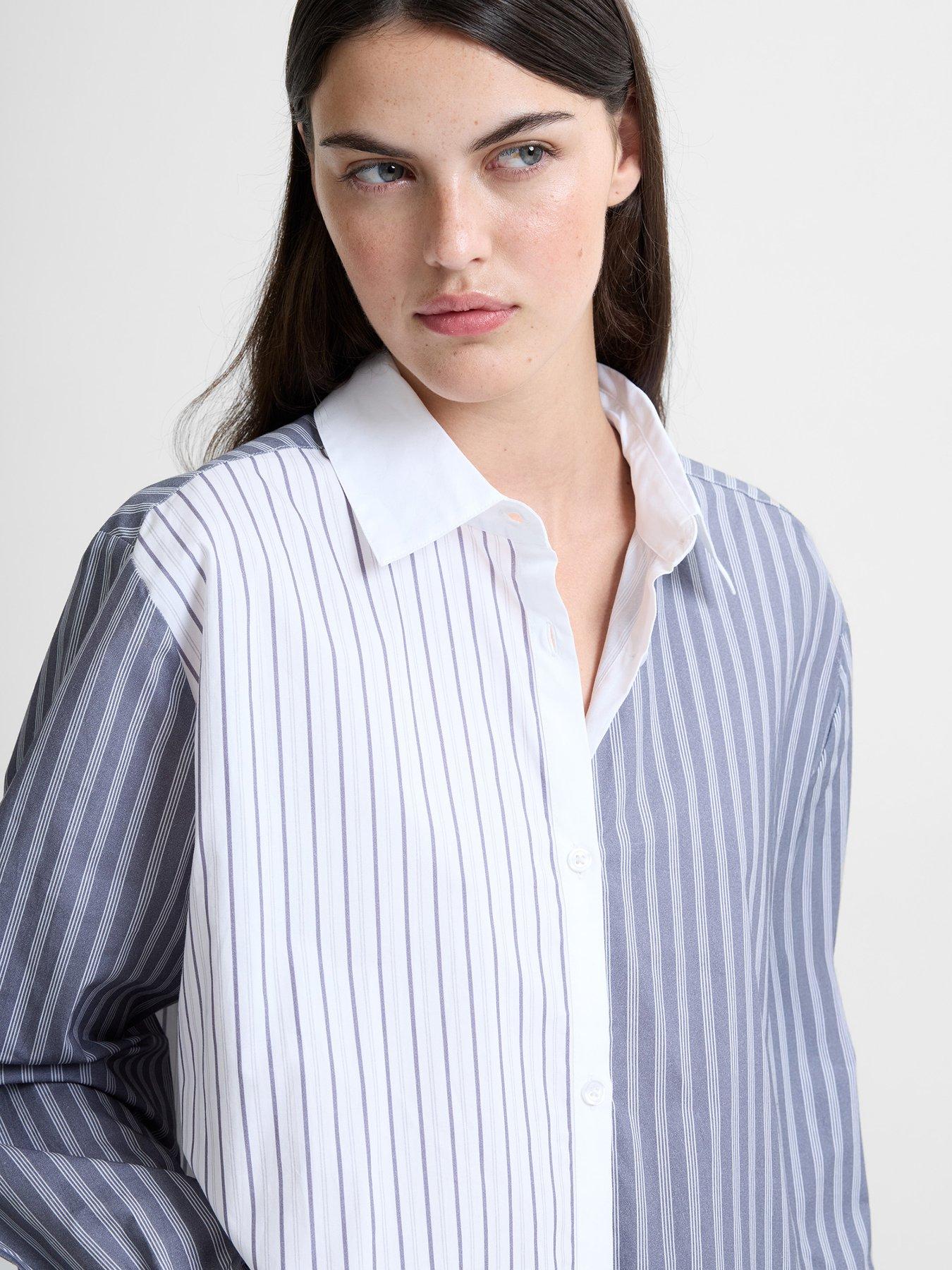  image of french-connection-cotton-striped-long-sleeve-button-up-shirt-grey