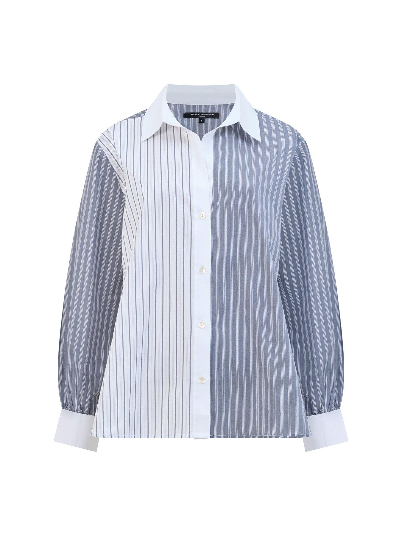  image of french-connection-cotton-striped-long-sleeve-button-up-shirt-grey