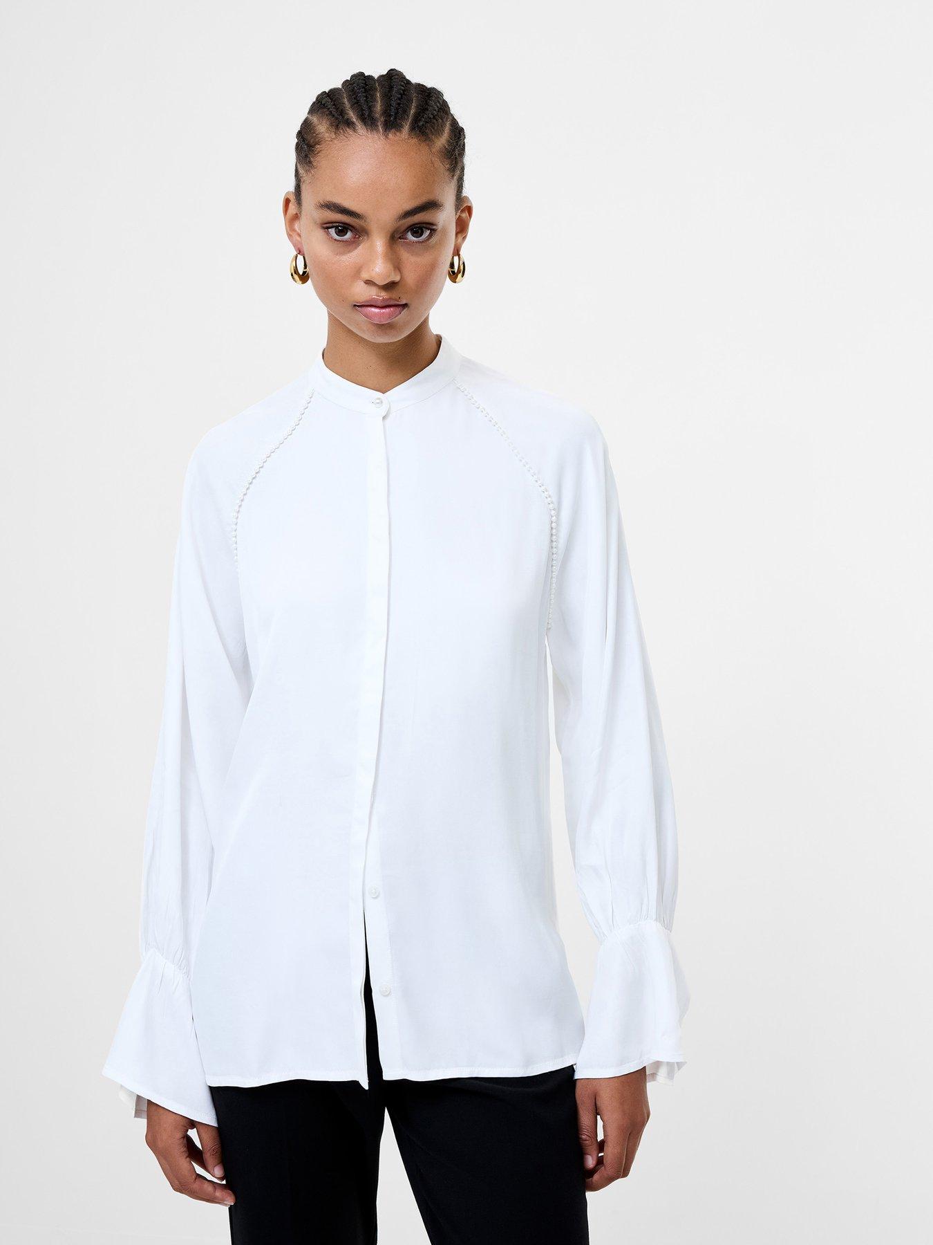 French Connection Pearl Mandarin Collar Long Sleeve Blouse - White