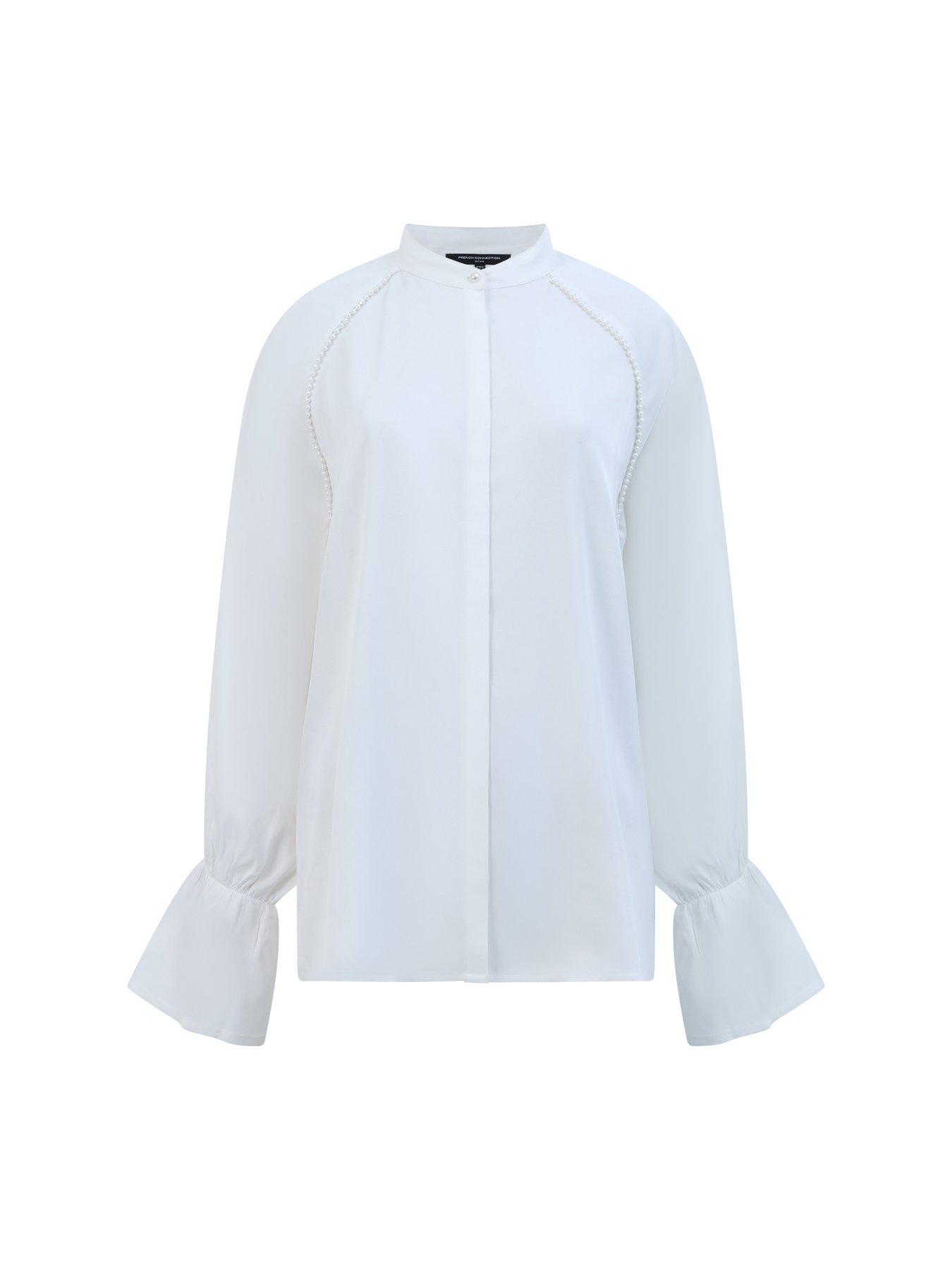  image of french-connection-pearl-mandarin-collar-long-sleeve-blouse-white