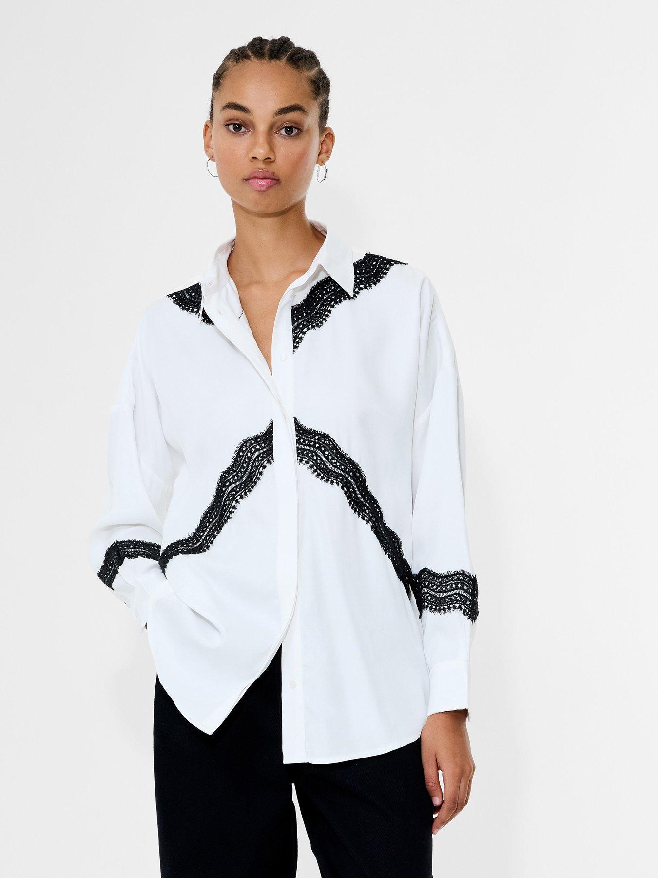  image of french-connection-satin-style-lace-long-sleeve-button-up-shirt-multi