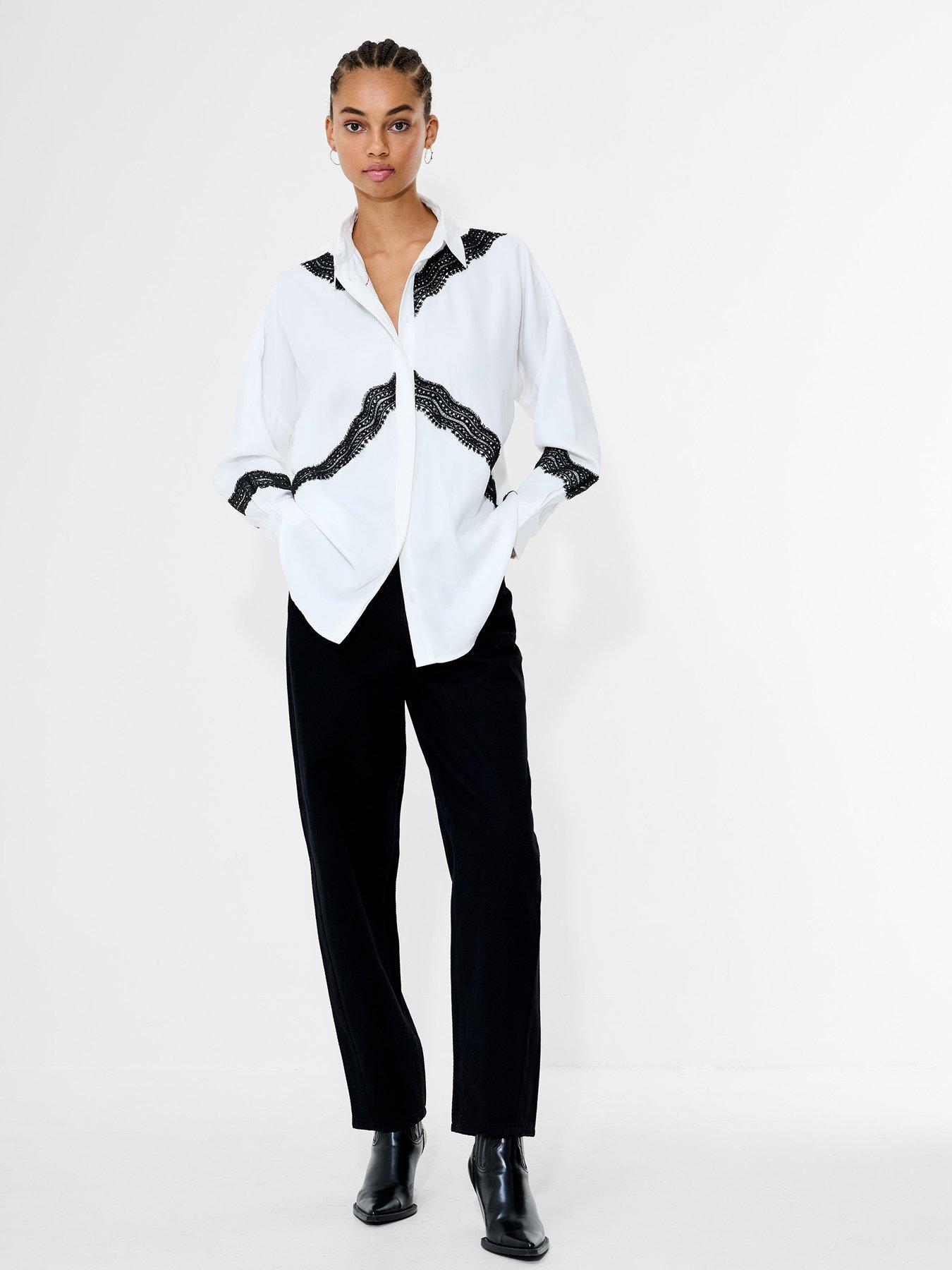  image of french-connection-satin-style-lace-long-sleeve-button-up-shirt-multi
