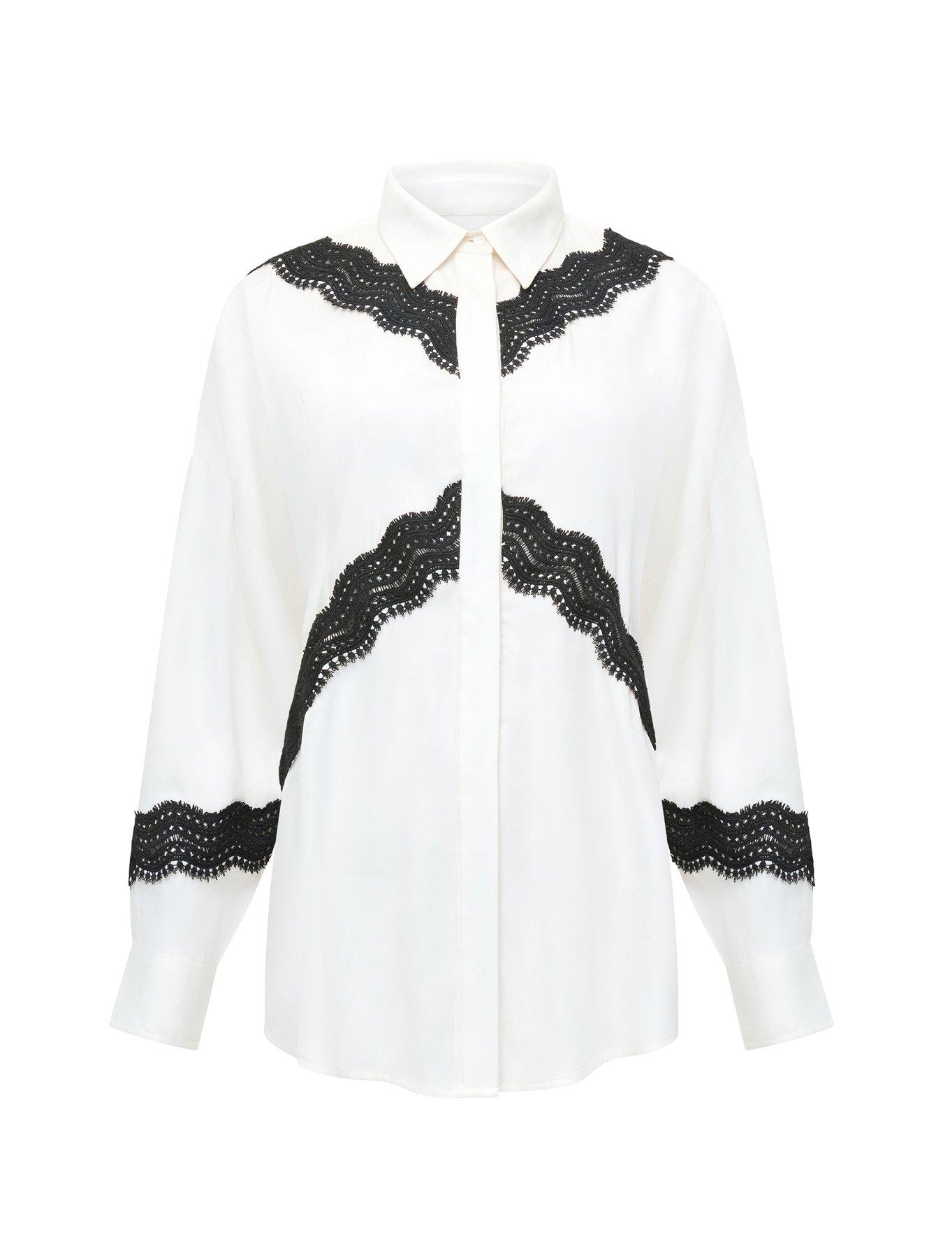  image of french-connection-satin-style-lace-long-sleeve-button-up-shirt-multi