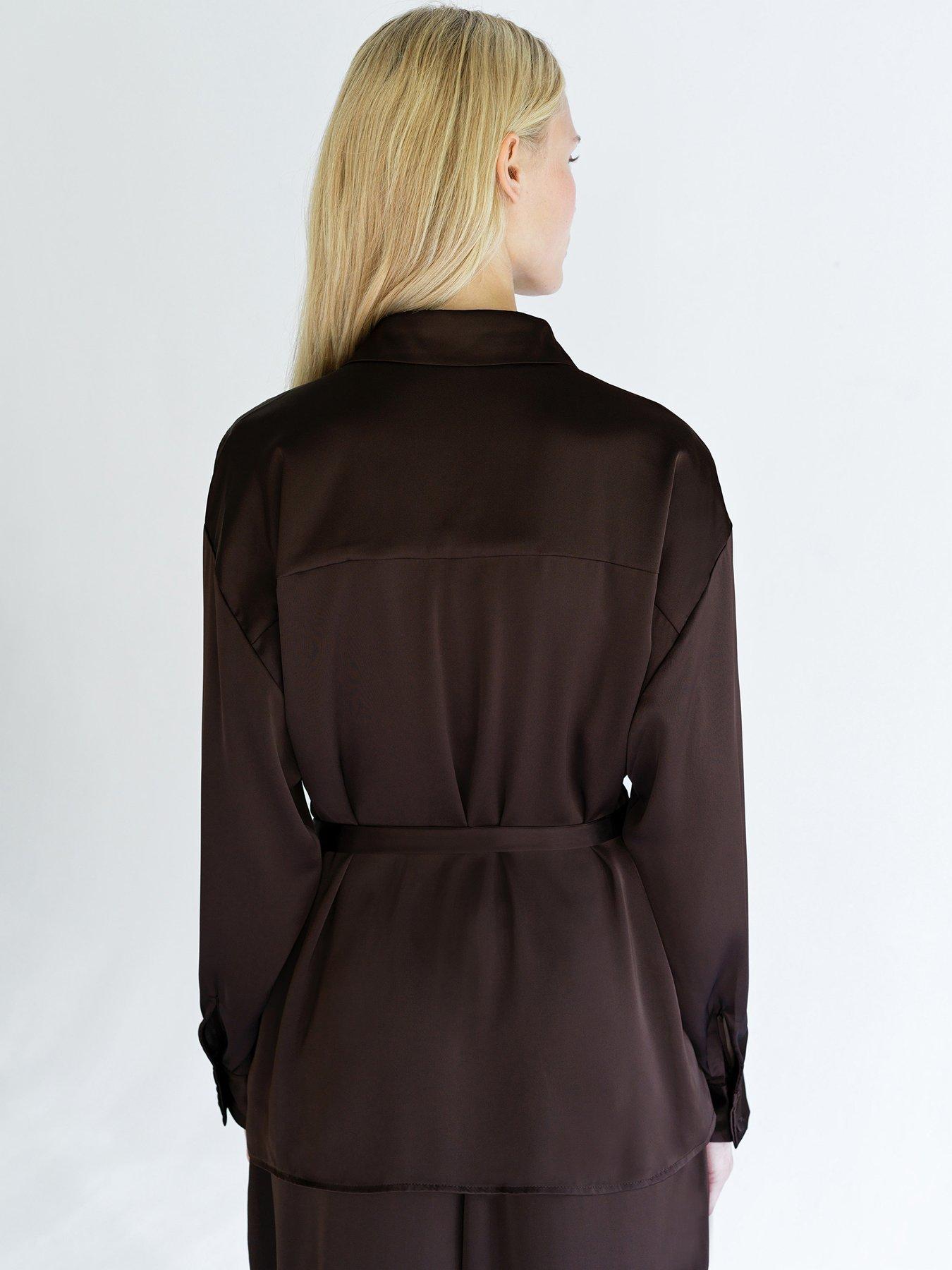  image of french-connection-satin-style-collared-tie-belt-fastening-long-sleeve-blouse-brown