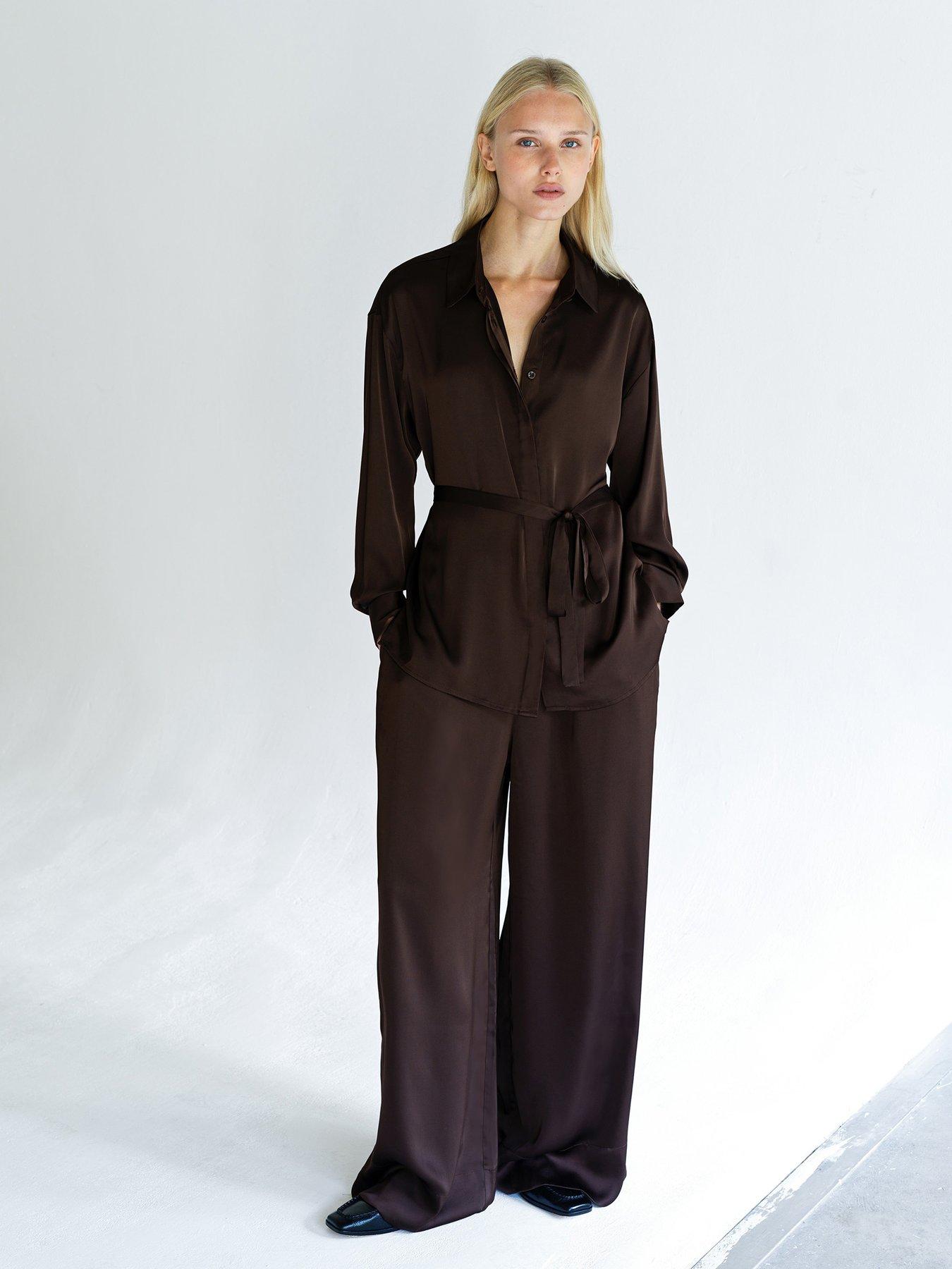  image of french-connection-satin-style-collared-tie-belt-fastening-long-sleeve-blouse-brown