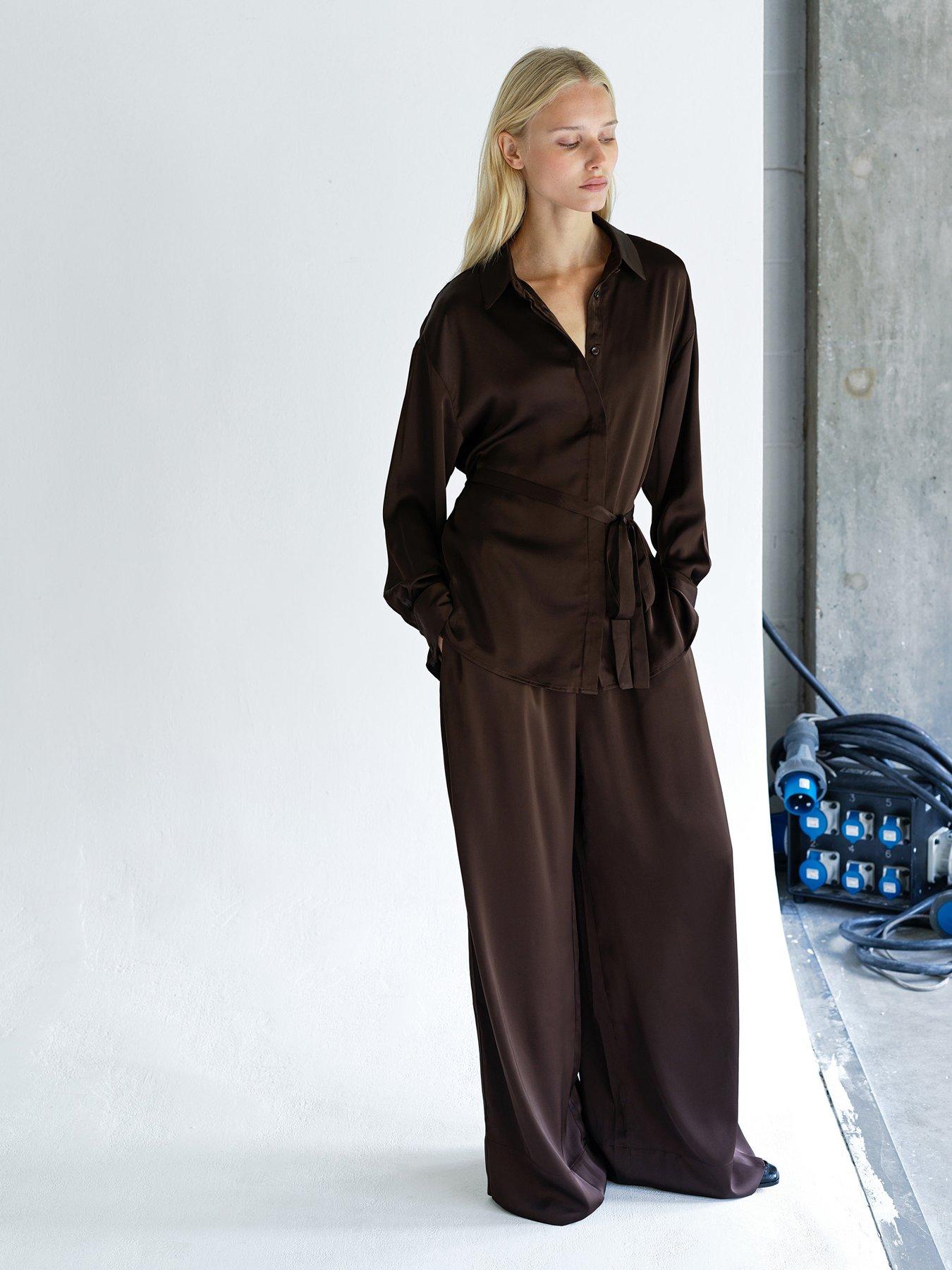  image of french-connection-satin-style-collared-tie-belt-fastening-long-sleeve-blouse-brown