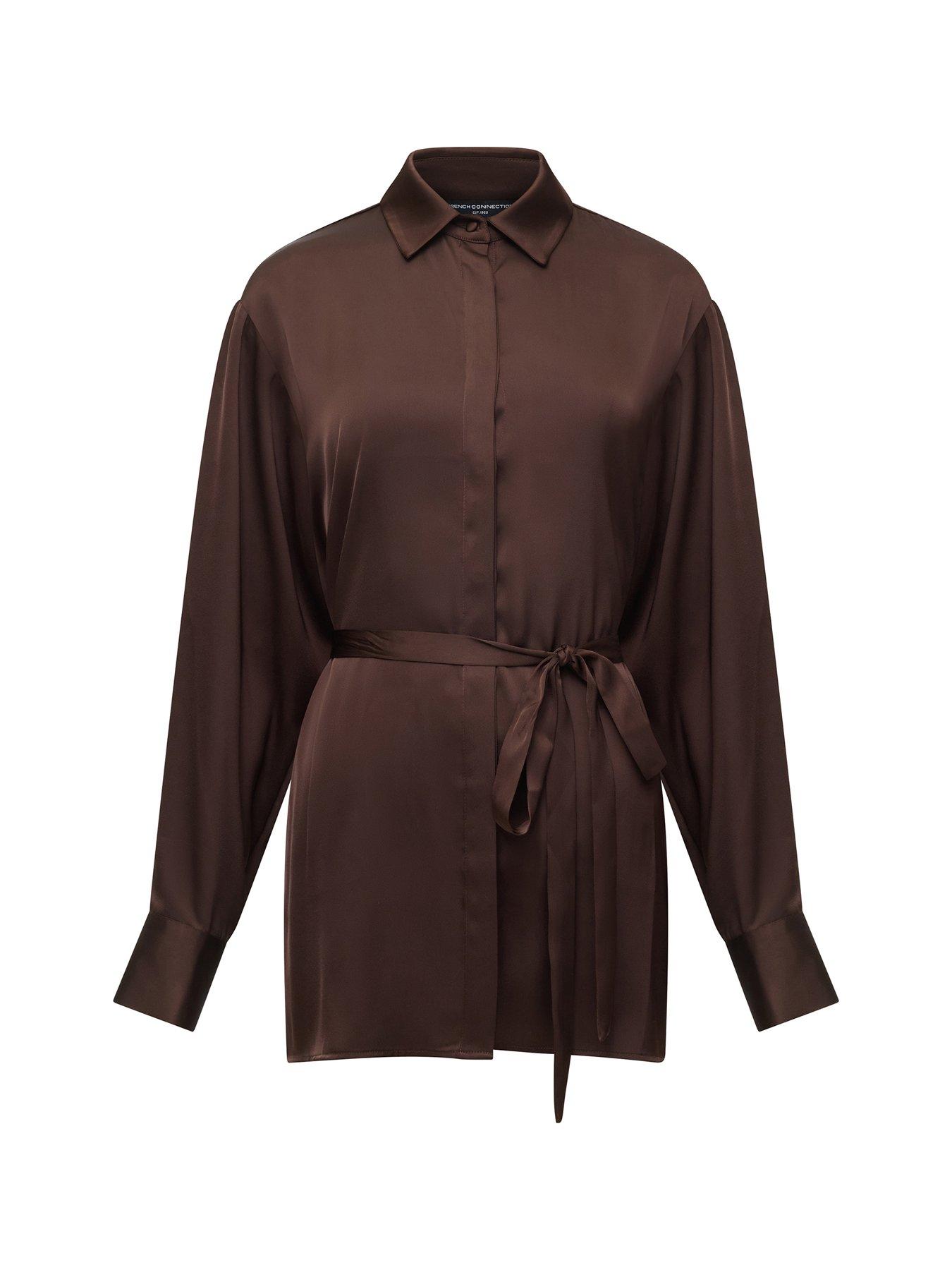  image of french-connection-satin-style-collared-tie-belt-fastening-long-sleeve-blouse-brown