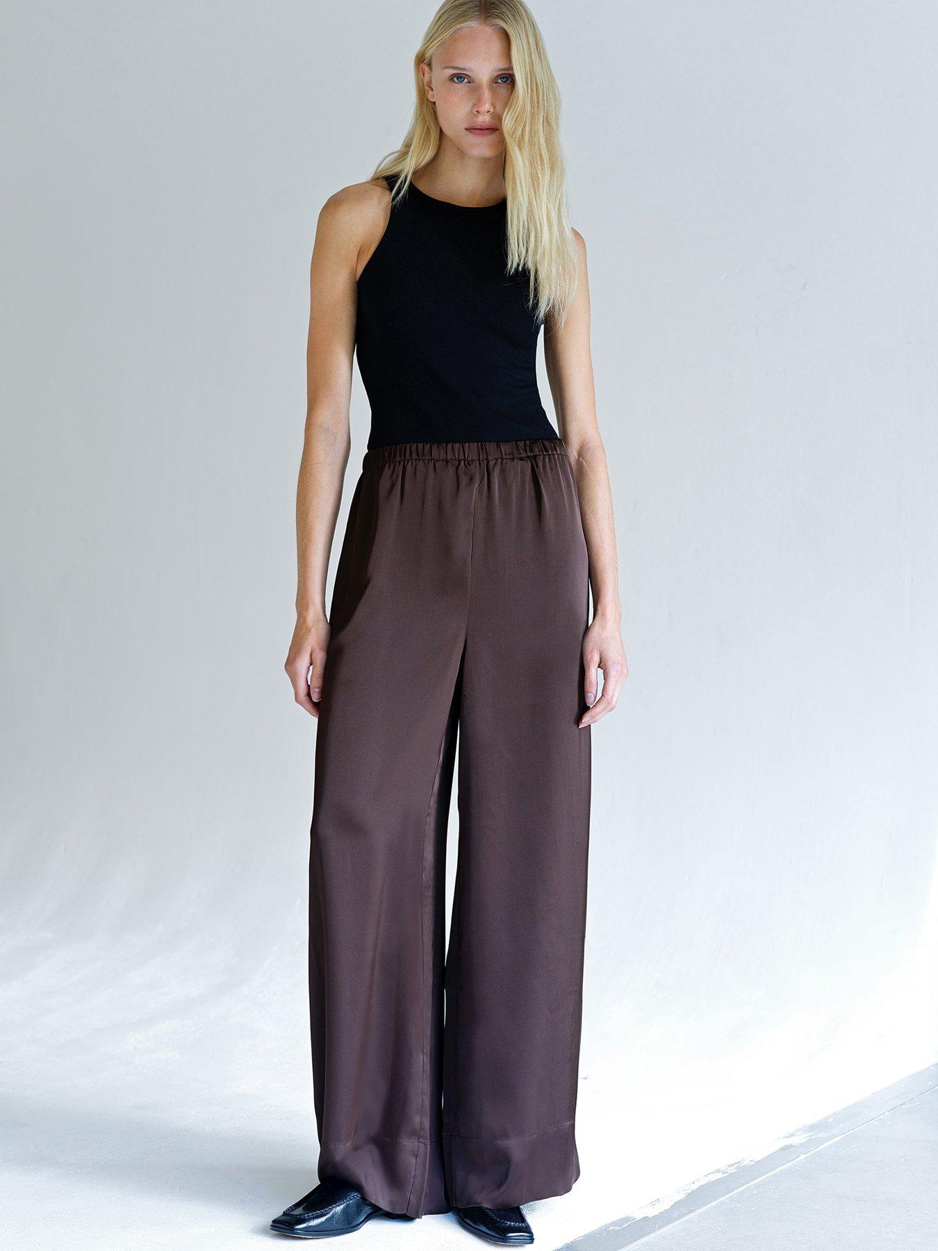  image of french-connection-satin-style-wide-leg-elasticated-trousers-brown