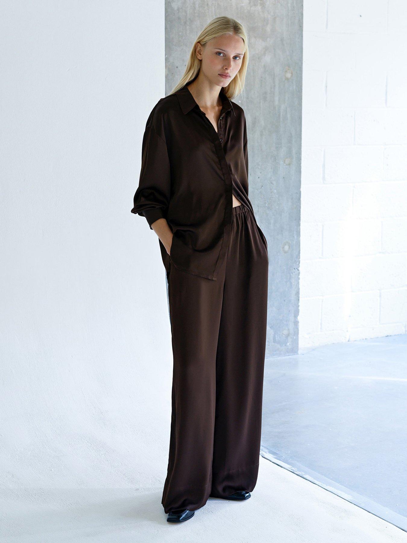  image of french-connection-satin-style-wide-leg-elasticated-trousers-brown