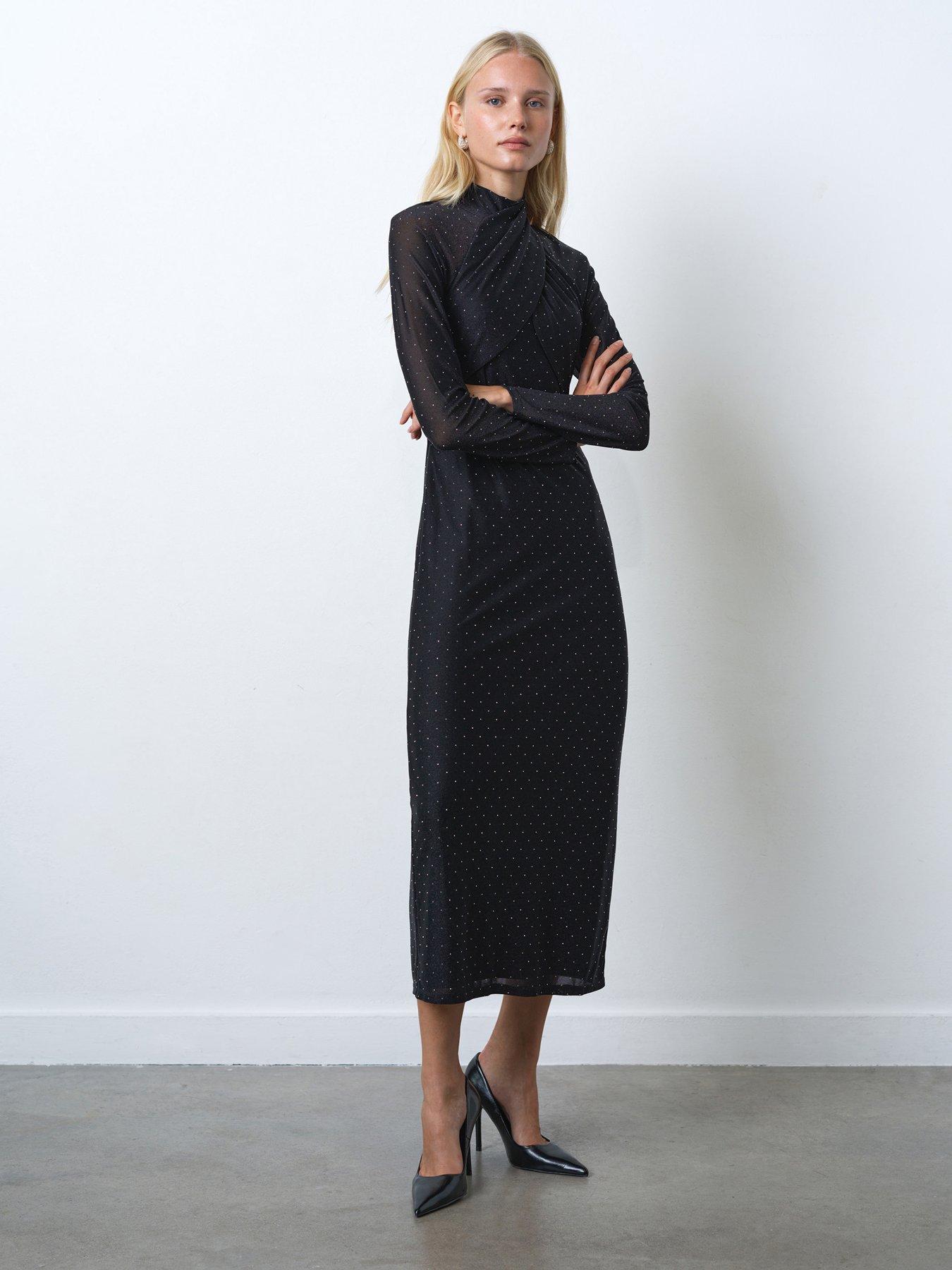  image of french-connection-diamante-high-neck-wrap-over-long-sleeve-jersey-midi-dress-black