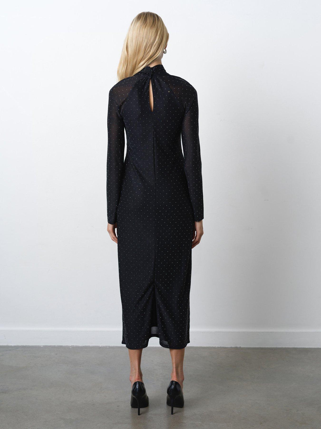  image of french-connection-diamante-high-neck-wrap-over-long-sleeve-jersey-midi-dress-black