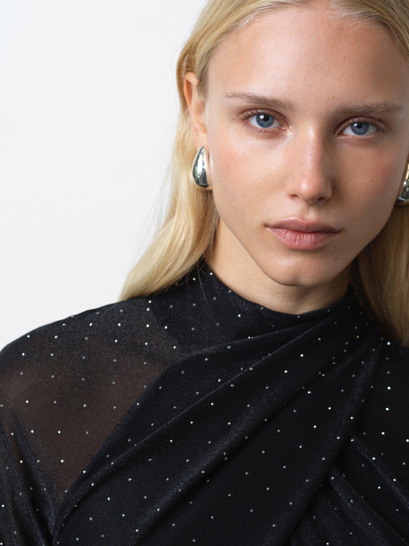  image of french-connection-diamante-high-neck-wrap-over-long-sleeve-jersey-midi-dress-black