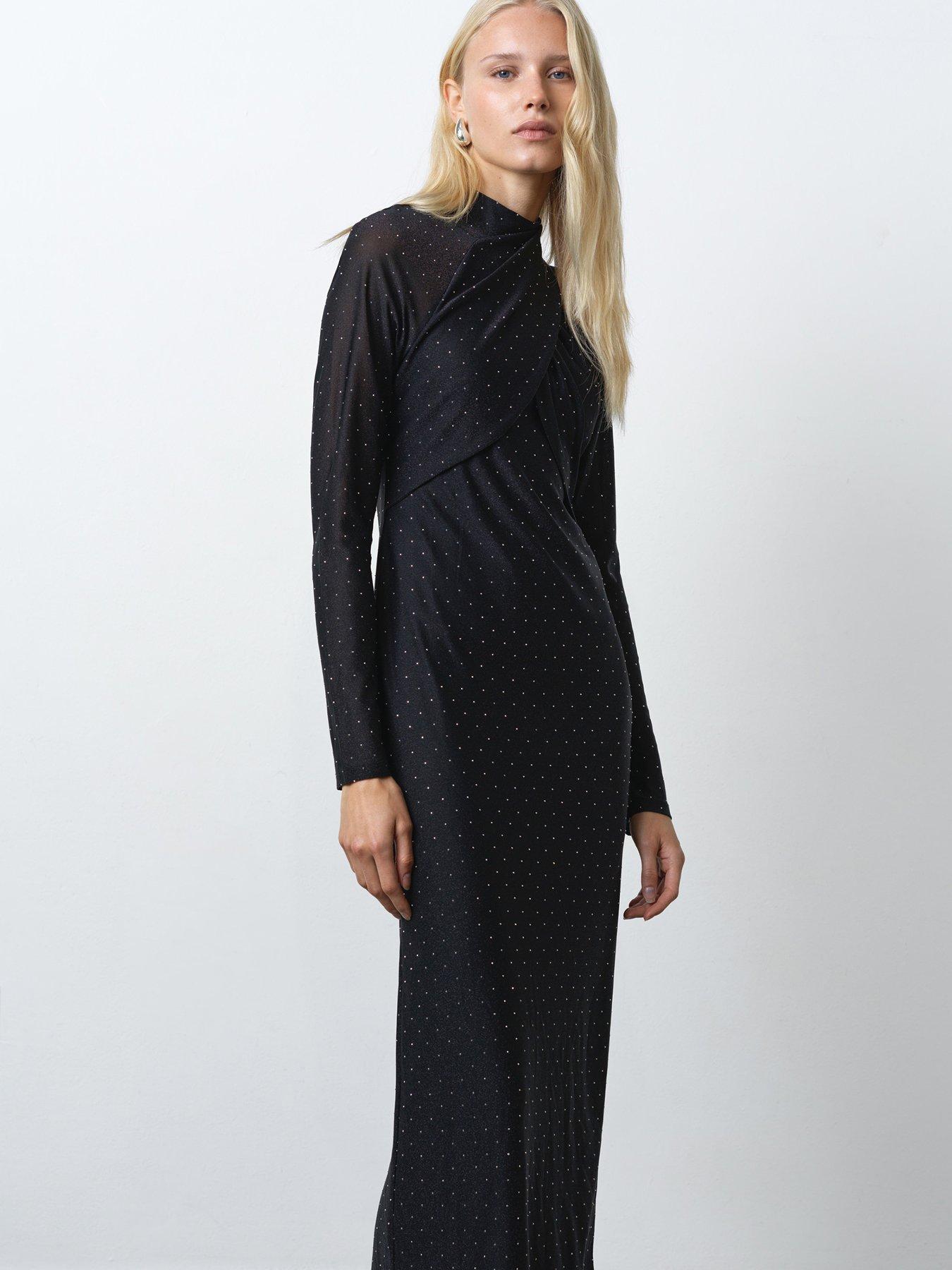  image of french-connection-diamante-high-neck-wrap-over-long-sleeve-jersey-midi-dress-black