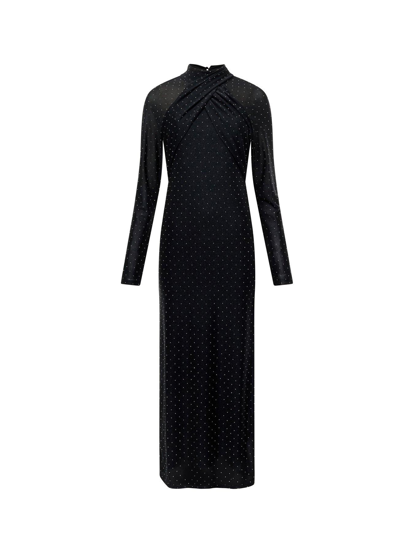  image of french-connection-diamante-high-neck-wrap-over-long-sleeve-jersey-midi-dress-black