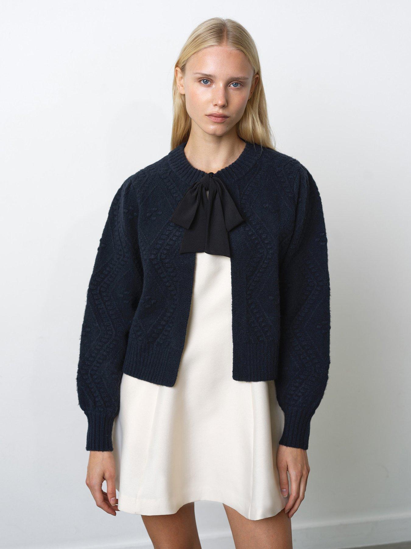 French Connection Bobble Design Long Sleeve Bow Open Cardigan - Navy