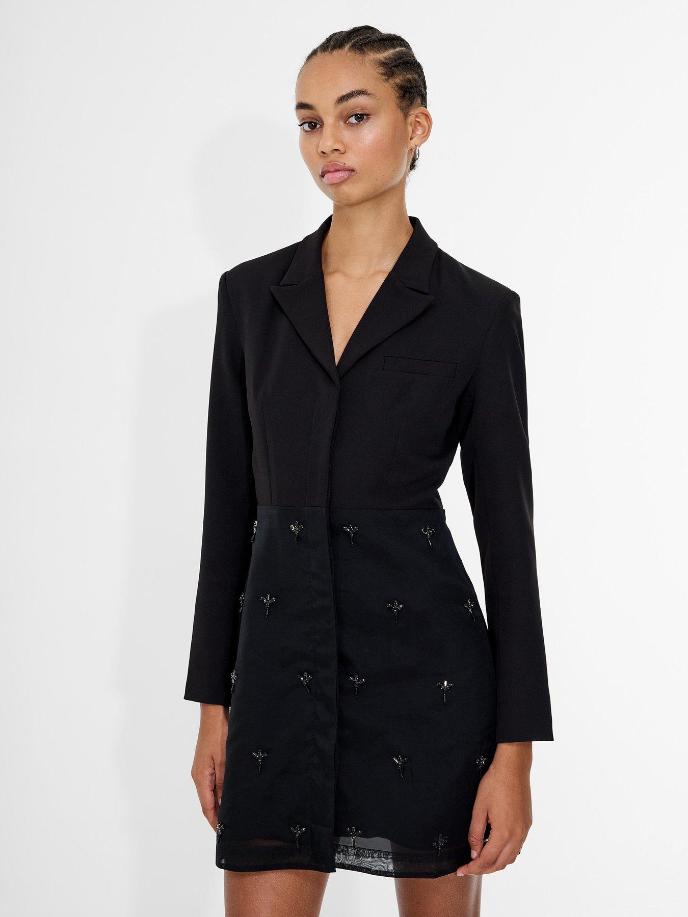 french-connection-embellished-tailored-v-neck-long-sleeve-mini-dress-black