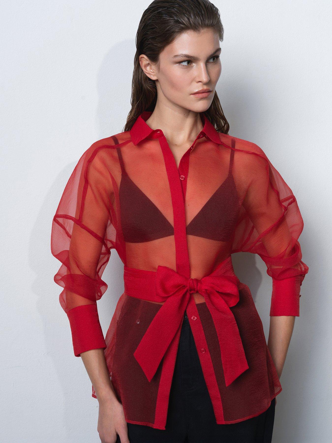 image of french-connection-sheer-organza-long-sleeve-tie-waist-collared-blouse-red