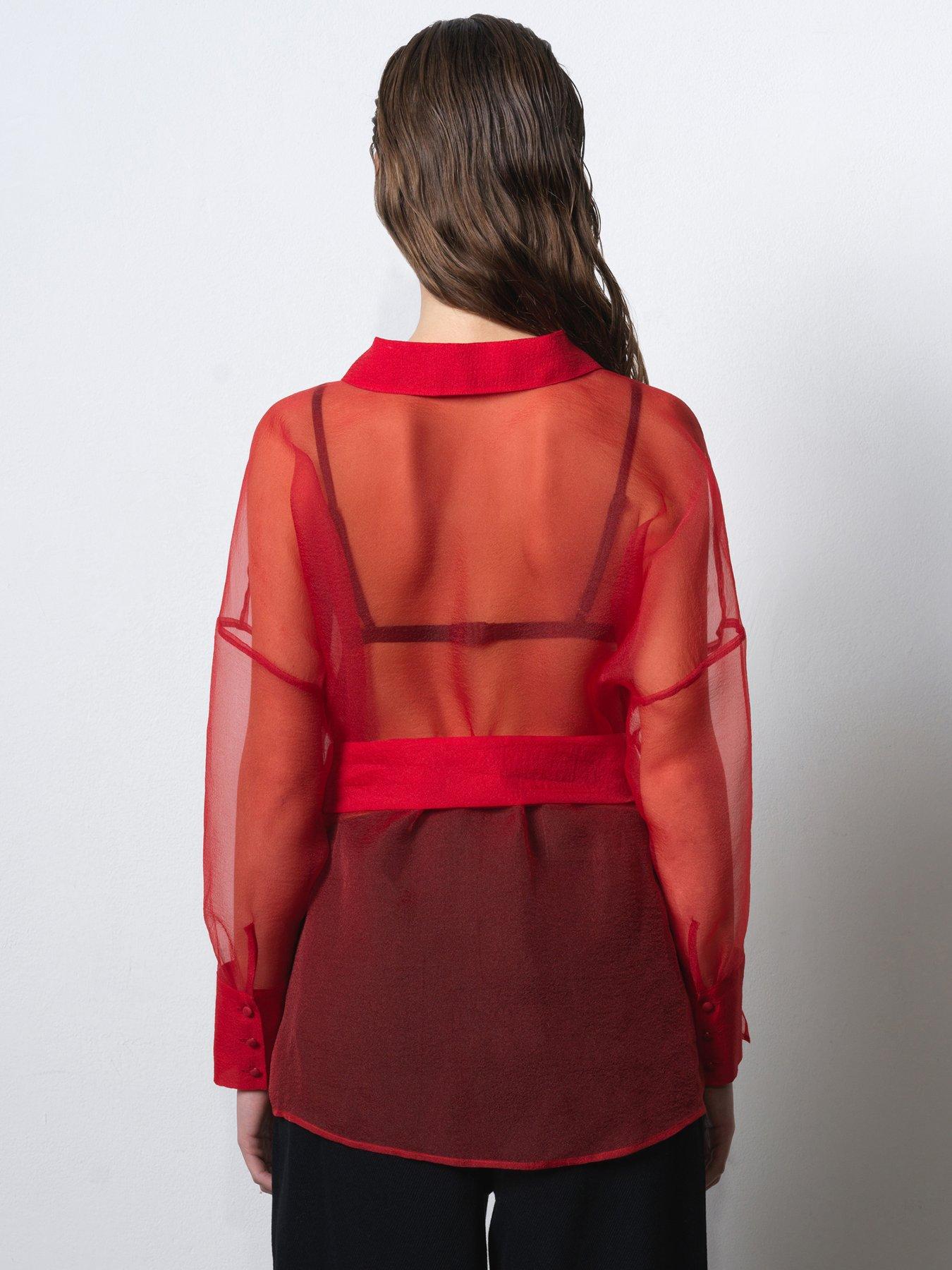  image of french-connection-sheer-organza-long-sleeve-tie-waist-collared-blouse-red