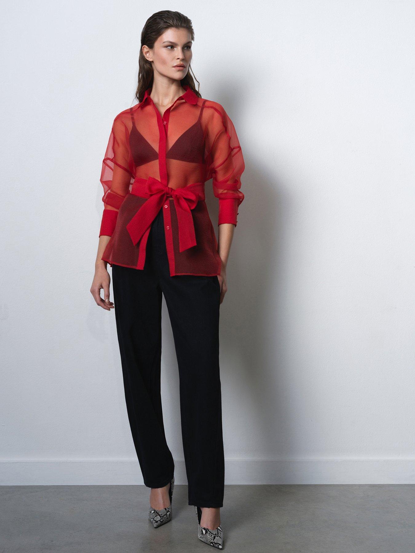  image of french-connection-sheer-organza-long-sleeve-tie-waist-collared-blouse-red