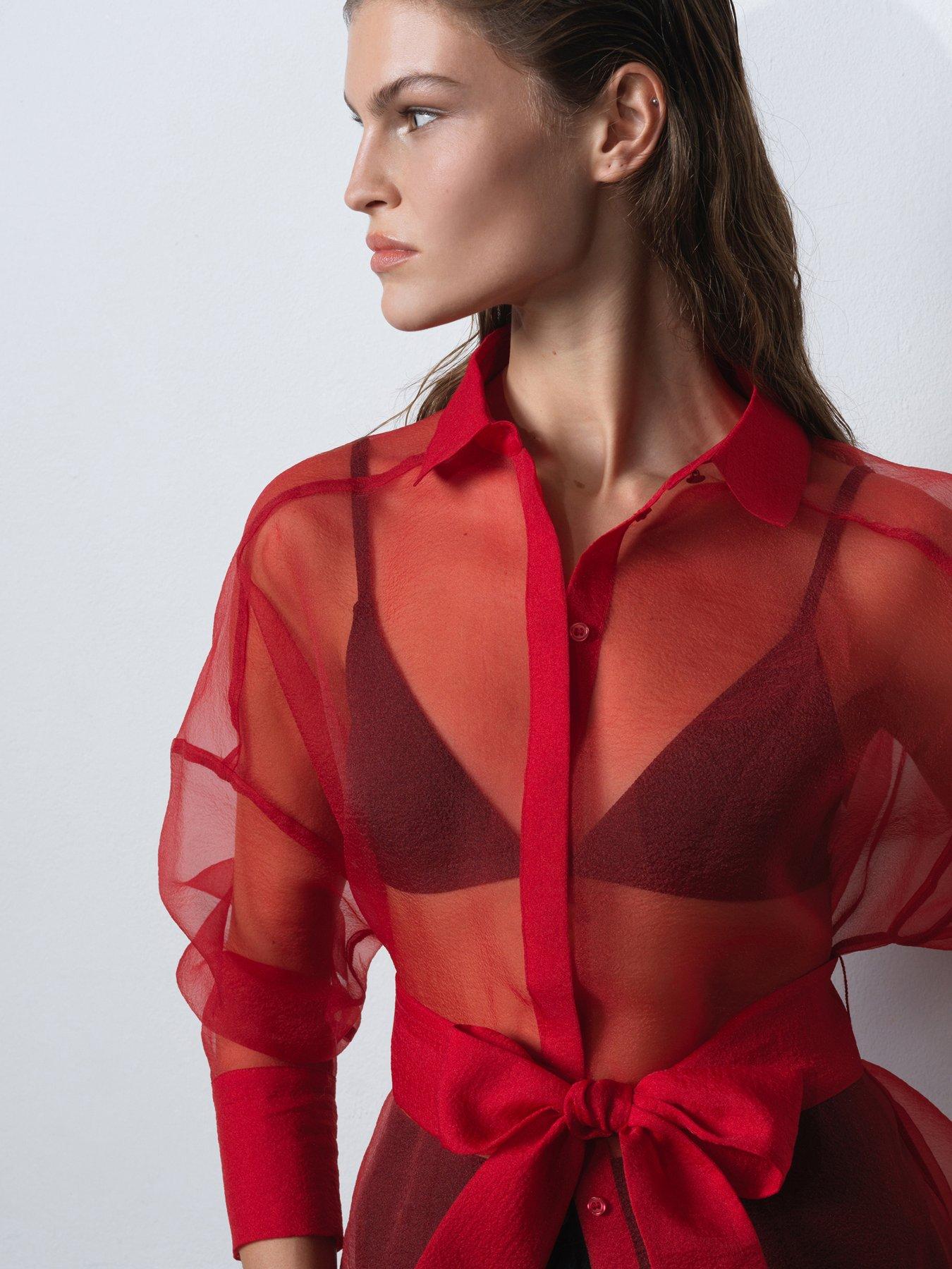  image of french-connection-sheer-organza-long-sleeve-tie-waist-collared-blouse-red