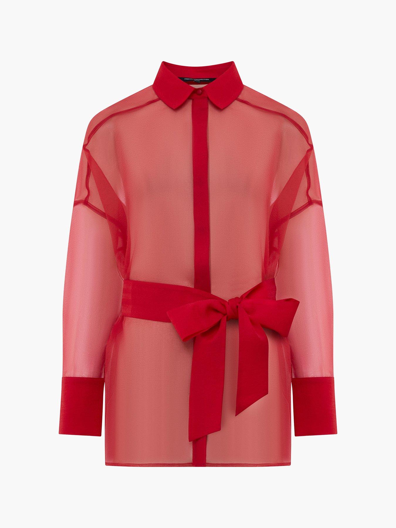  image of french-connection-sheer-organza-long-sleeve-tie-waist-collared-blouse-red