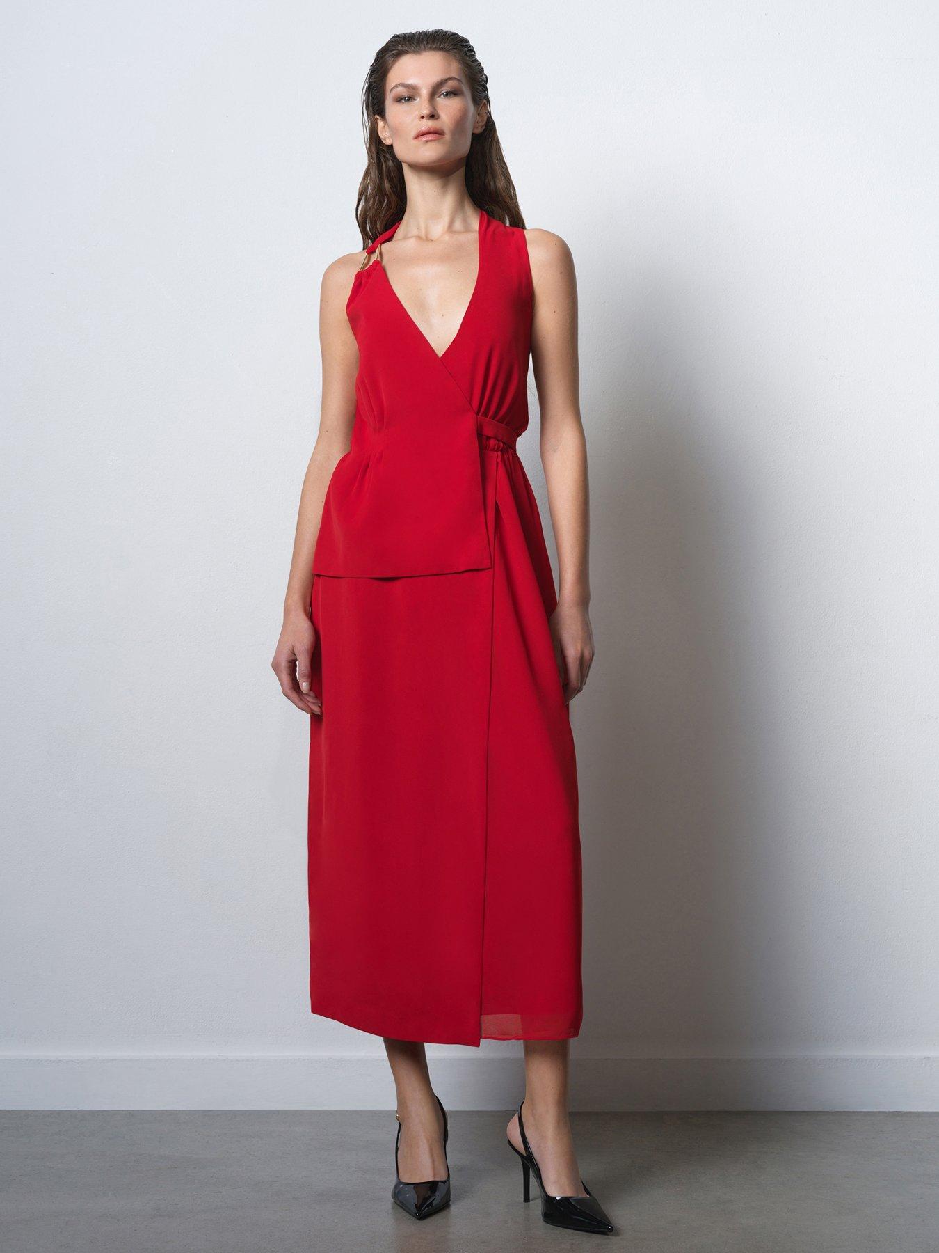 French Connection Tailored Sleeveless Wrap-Over Buckle Midi Dress - Red