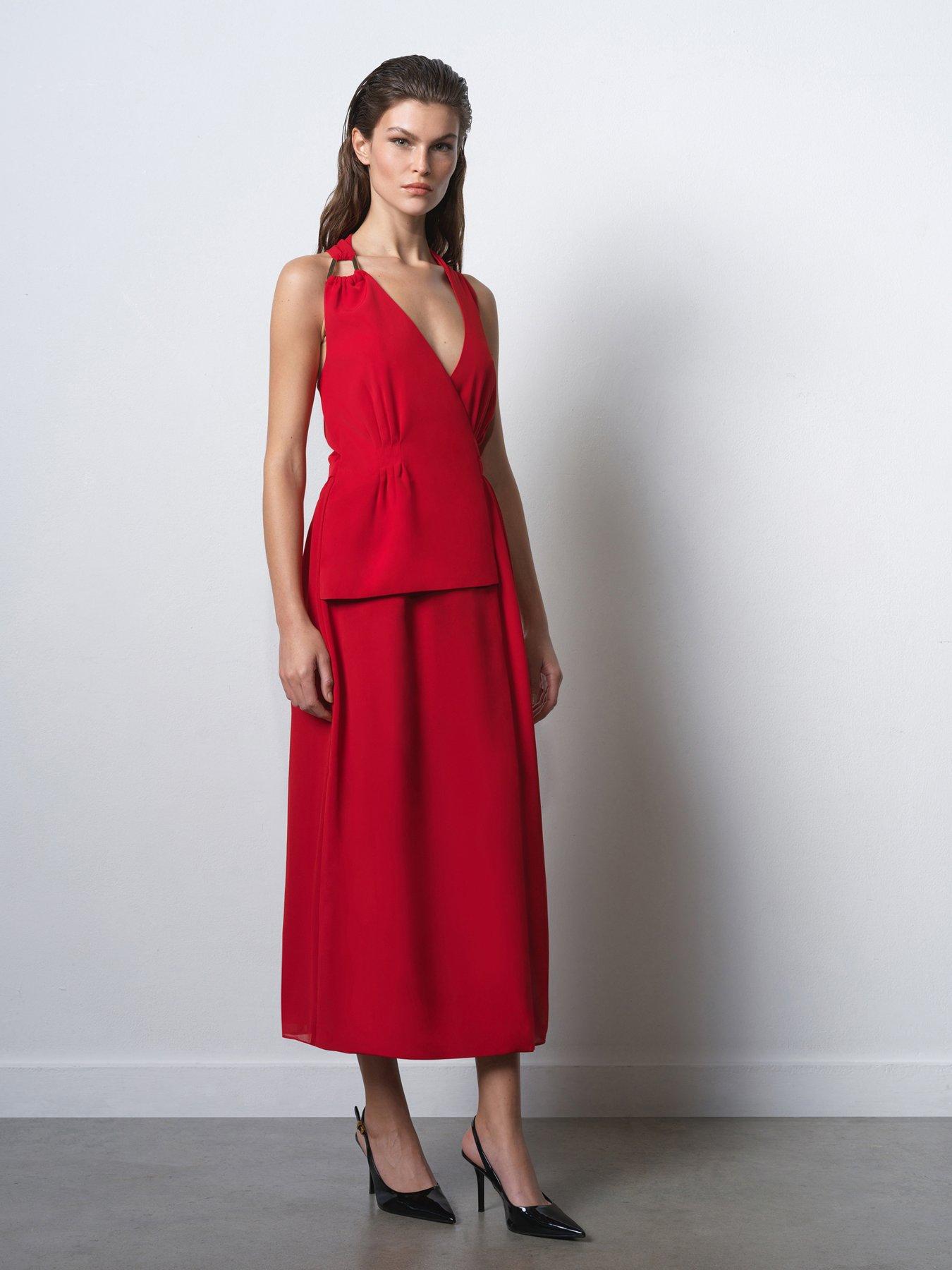 image of french-connection-tailored-sleeveless-wrap-over-buckle-midi-dress-red