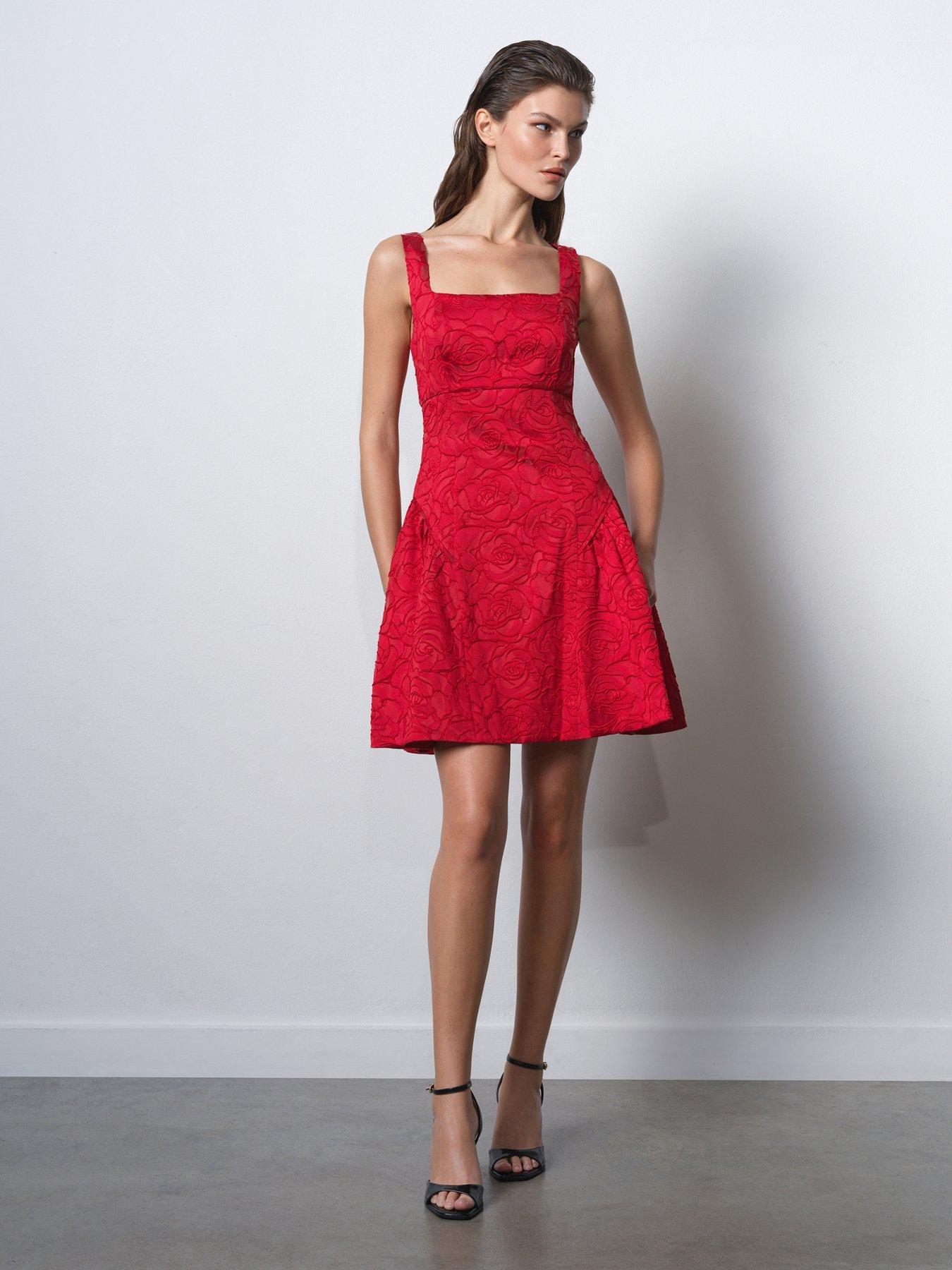 French Connection Floral Embroidered Jacquard Sleeveless Square Neck Flared Mini Dress - Red